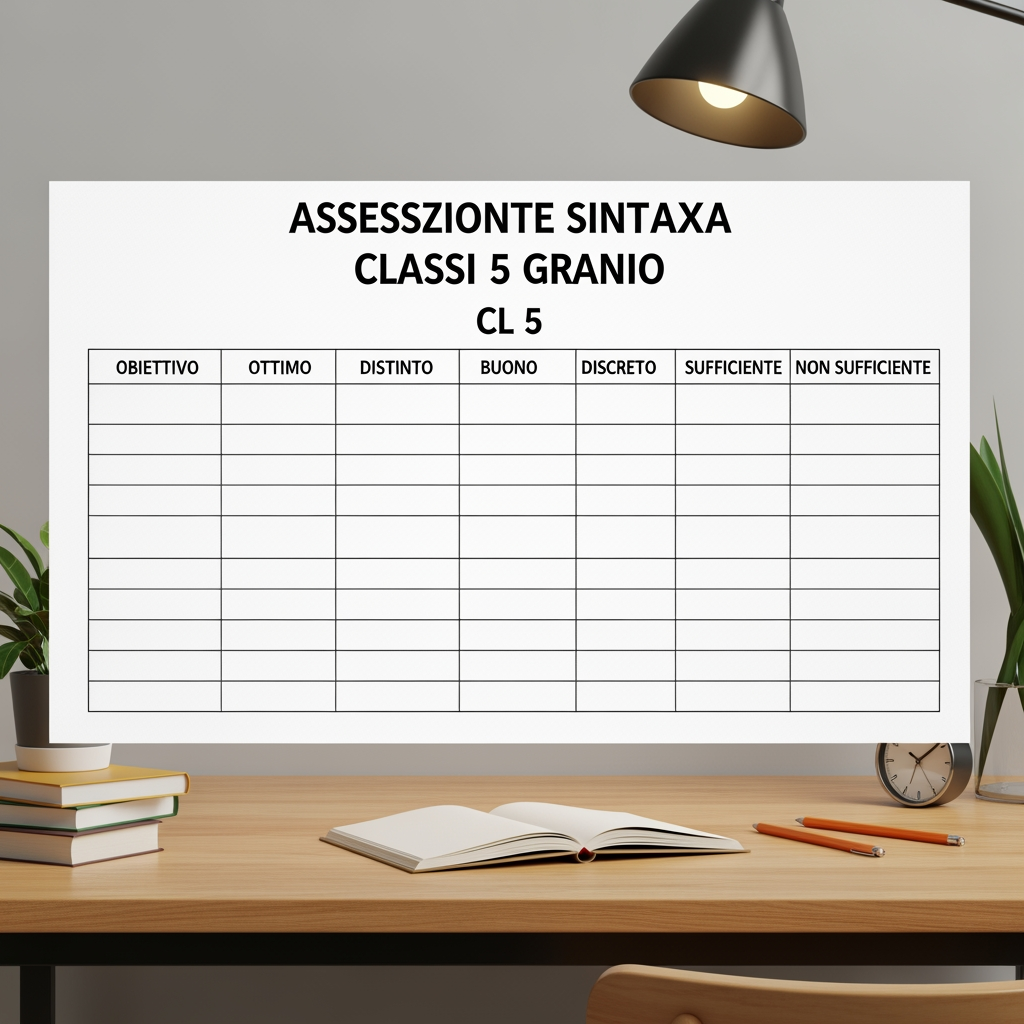 AI Design for Creami una tabella di valutazione di italiano sulla sintassi divisa in 7 colonne con obiettivo e voti ottimo, distinto, buono, discreto, sufficiente, non sufficiente. I VOTI E L'OBIETTIVO DEVONO ESSERE CON DESCRIZIONE. Obittivi: 1 divisione in sintagmi, 2 frase minima e frase semplice, 3 soggetto espresso e sottinteso, 4 predicato verbale e nominale, 5 complementi (oggetto, (tempo, luogo, termine, specificazione, mezzo, compagnia, modo, materia, causa, d'agente e causa efficiente) e 6 analisi logica. Cl 5