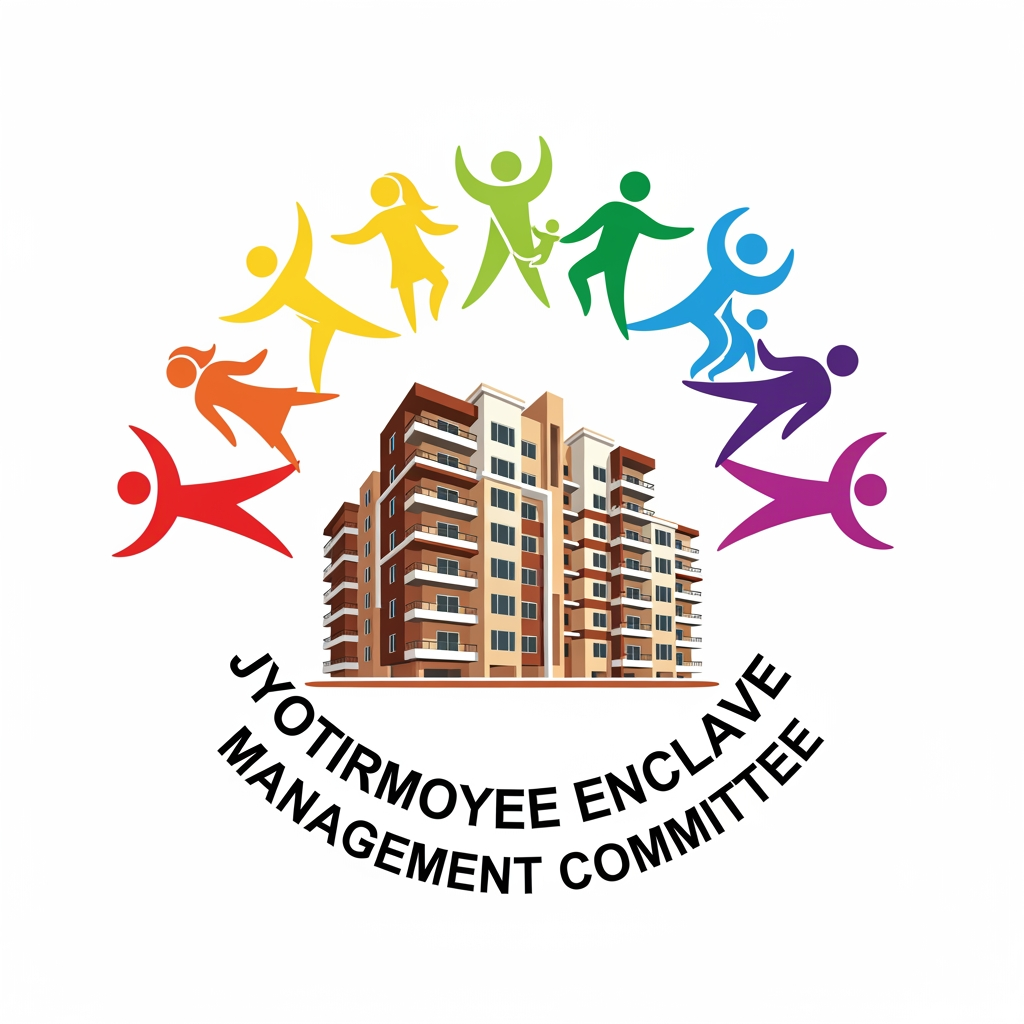 AI Design for Logo for "Jyotirmoyee Enclave Management Committee" is a housing society, make a logo which can showcase people with apartment with multicolour