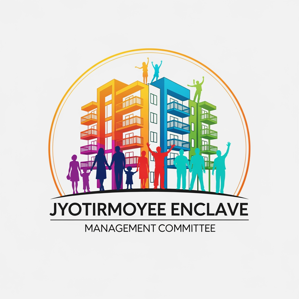 AI Design for Logo for "Jyotirmoyee Enclave Management Committee" is a housing society, make a logo which can showcase people with apartment with multicolour