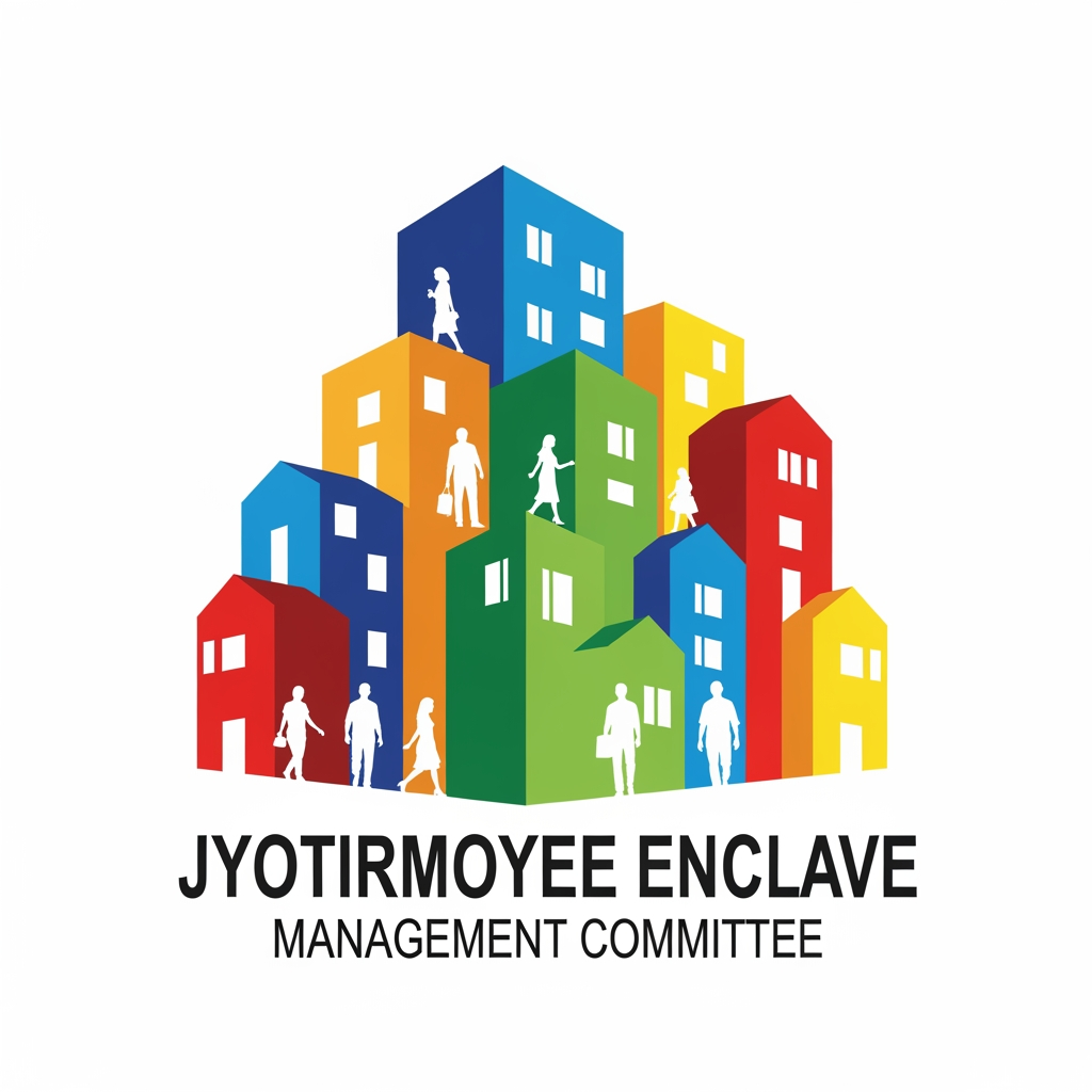 AI Design for Logo for "Jyotirmoyee Enclave Management Committee" is a housing society, make a logo which can showcase people with apartment with multicolour