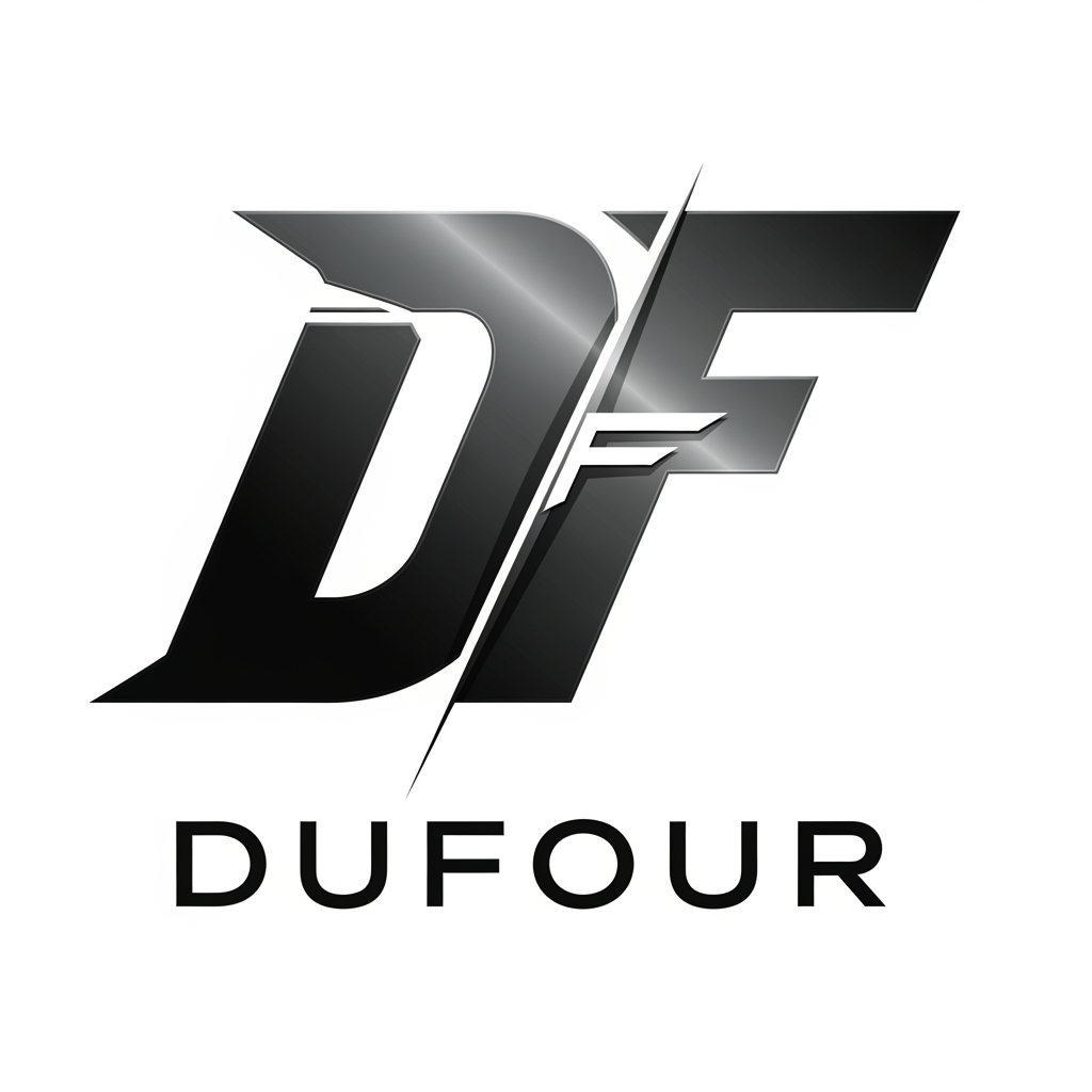 AI Design for maak een logo voor het bedrijf DUFOUR, het is mijn bedrijf waar ik alleen zelfstandig horloges maak vanaf 0 tot een product, van een custom mouvement tot custom dial ik doe alles met de hand ik wil dat het logo 1 groot letter is met daarin/door een andere letter ik had gedacht aan de D die grootstaat en de F die erin zit en door de D snijdt, ik wil dat het sportief en agressief is