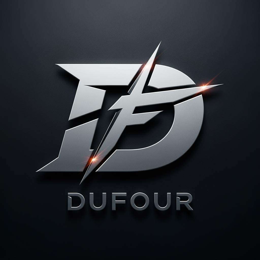 AI Design for maak een logo voor het bedrijf DUFOUR, het is mijn bedrijf waar ik alleen zelfstandig horloges maak vanaf 0 tot een product, van een custom mouvement tot custom dial ik doe alles met de hand ik wil dat het logo 1 groot letter is met daarin/door een andere letter ik had gedacht aan de D die grootstaat en de F die erin zit en door de D snijdt, ik wil dat het sportief en agressief is