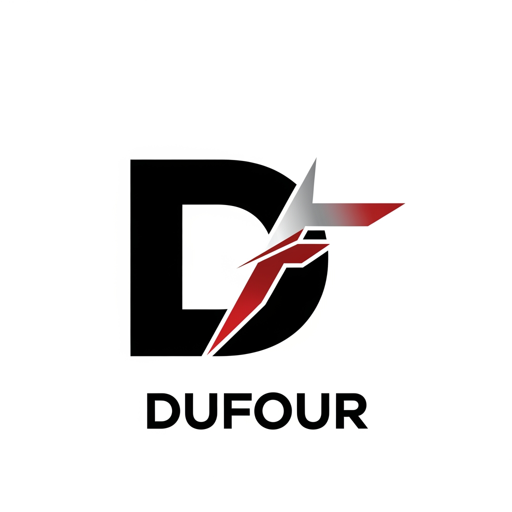 AI Design for maak een logo voor het bedrijf DUFOUR, het is mijn bedrijf waar ik alleen zelfstandig horloges maak vanaf 0 tot een product, van een custom mouvement tot custom dial ik doe alles met de hand ik wil dat het logo 1 groot letter is met daarin/door een andere letter ik had gedacht aan de D die grootstaat en de F die erin zit en door de D snijdt, ik wil dat het sportief en agressief is. zorg dat het simplistisch is