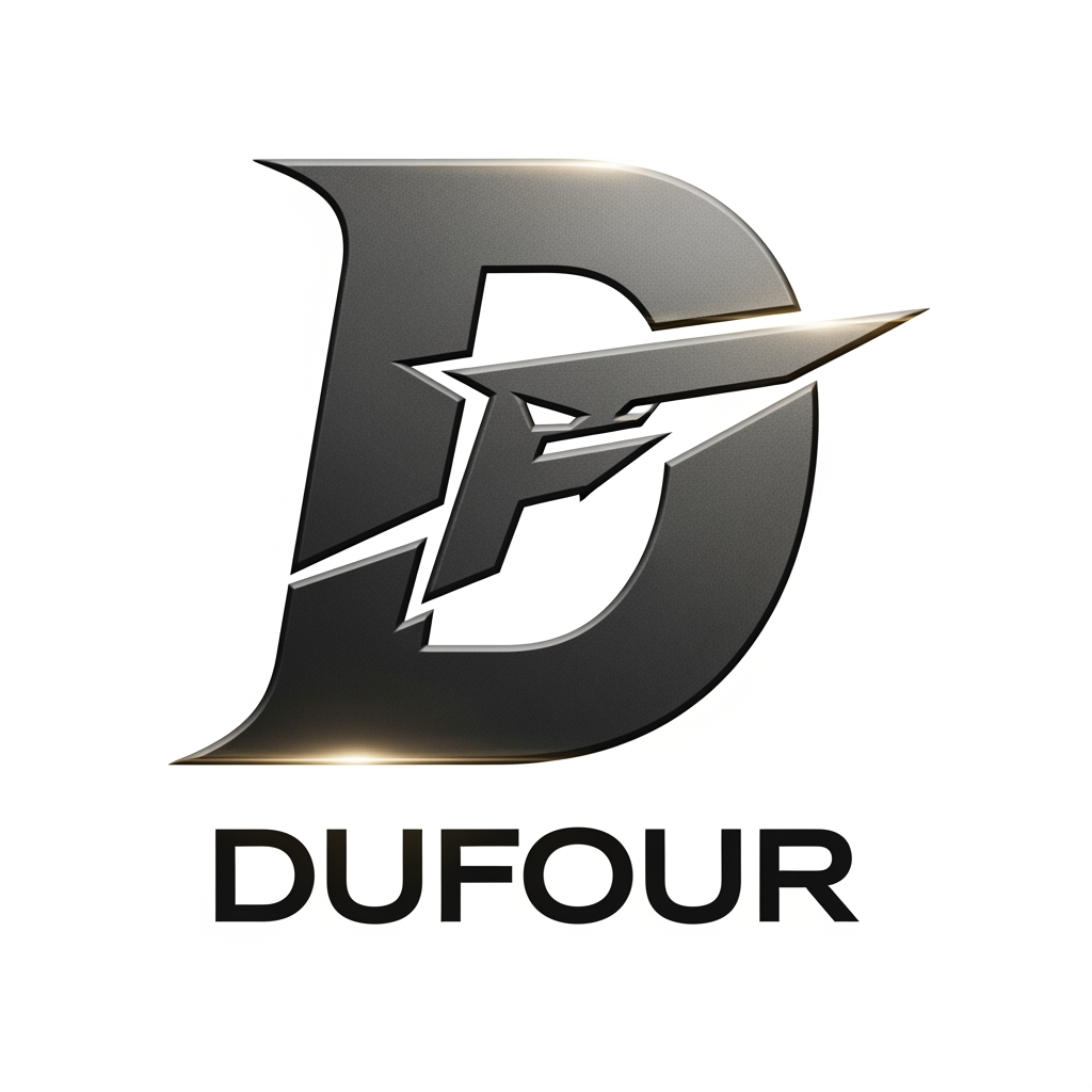AI Design for maak een logo voor het bedrijf DUFOUR, het is mijn bedrijf waar ik alleen zelfstandig horloges maak vanaf 0 tot een product, van een custom mouvement tot custom dial ik doe alles met de hand ik wil dat het logo 1 groot letter is met daarin/door een andere letter ik had gedacht aan de D die grootstaat en de F die erin zit en door de D snijdt, ik wil dat het sportief en agressief is