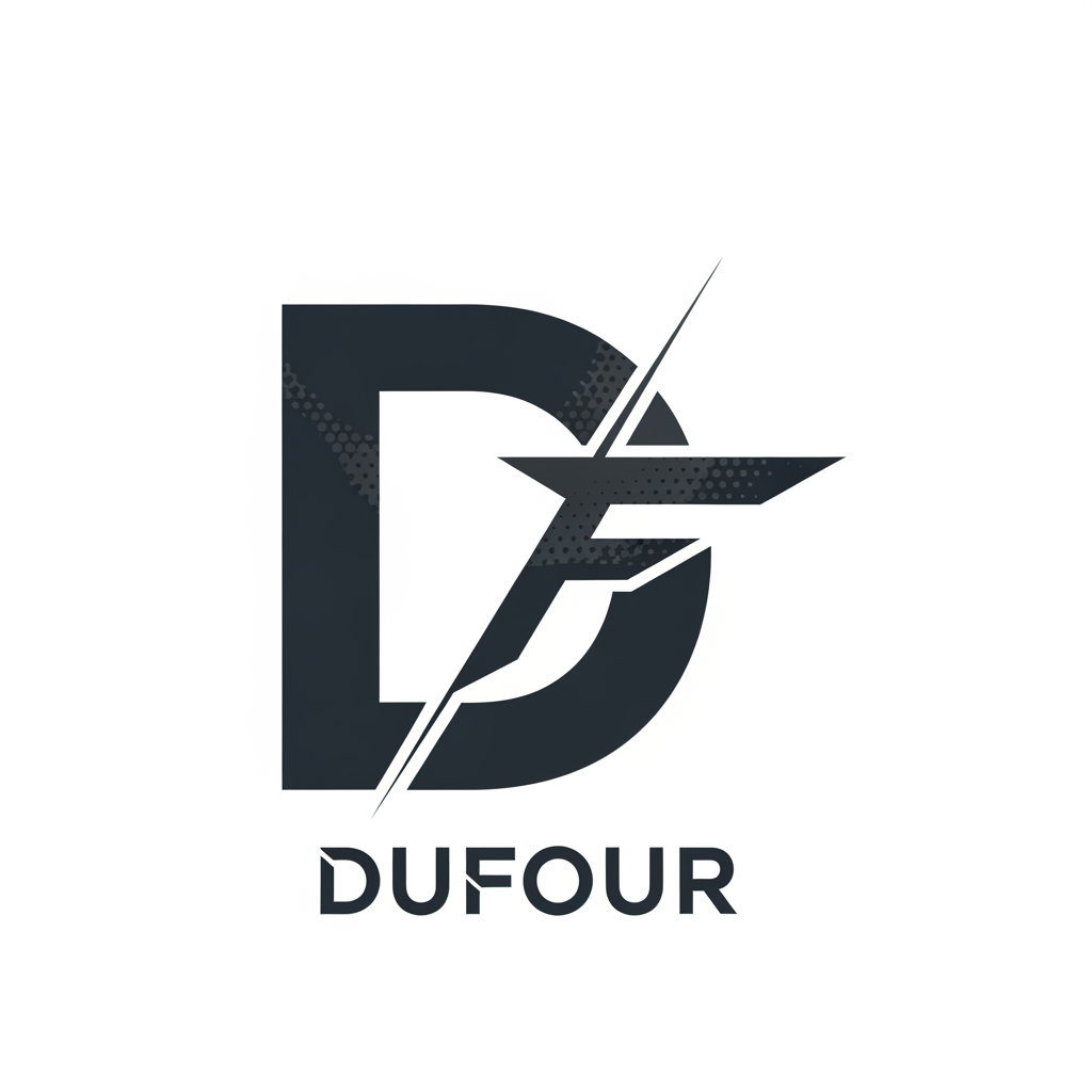 AI Design for maak een logo voor het bedrijf DUFOUR, het is mijn bedrijf waar ik alleen zelfstandig horloges maak vanaf 0 tot een product, van een custom mouvement tot custom dial ik doe alles met de hand ik wil dat het logo 1 groot letter is met daarin/door een andere letter ik had gedacht aan de D die grootstaat en de F die erin zit en door de D snijdt, ik wil dat het sportief en agressief is. zorg dat het simplistisch is
