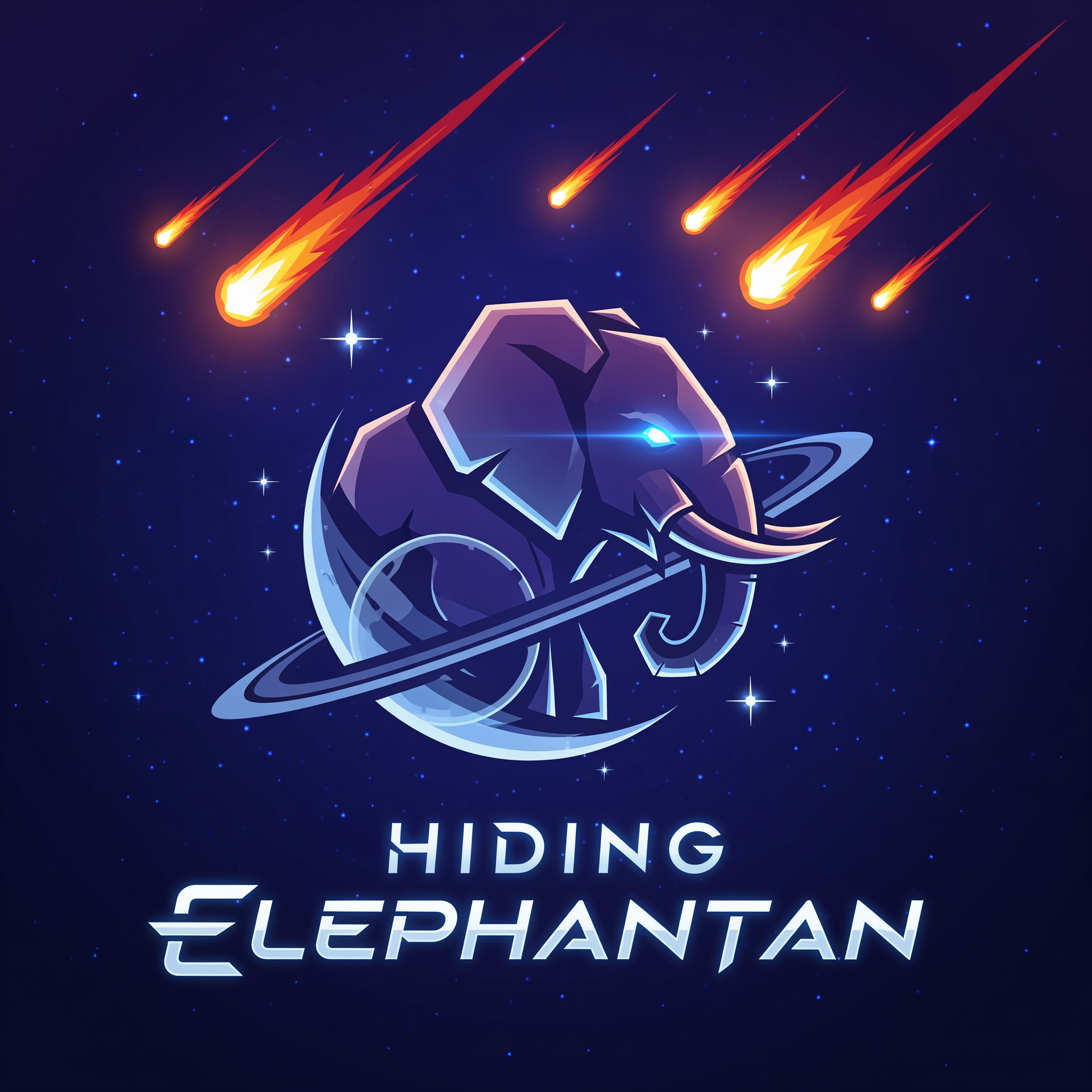 AI Design for Create a dynamic and futuristic logo for 'Hiding Elephanttan,' a space-themed PvP game focused on meteor shooting. The logo should feature a stylized elephant subtly integrated with cosmic elements like stars, meteors, and planets. The elephant should appear stealthy or 'hiding,' symbolizing strategy and surprise in gameplay. Use a sleek, modern font with a sci-fi vibe for the text. The color palette should include deep space blues, purples, and bright meteor-like oranges or reds to convey energy and action. The overall design must balance between boldness and mystery, capturing the excitement of space battles and player-versus-player competition.