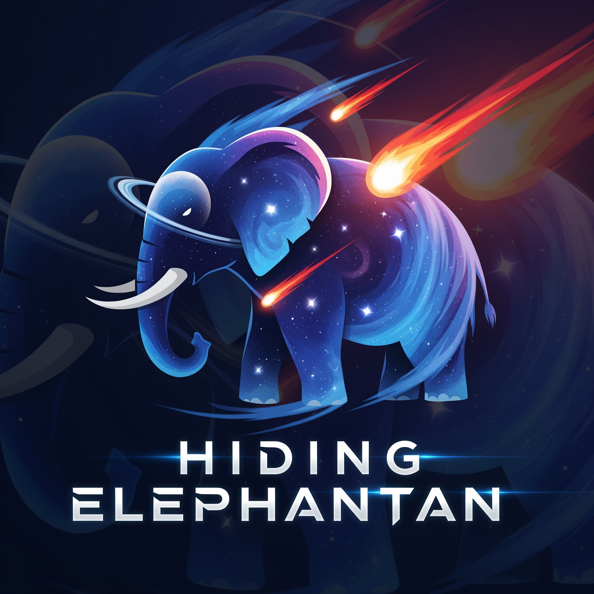 AI Design for Create a dynamic and futuristic logo for 'Hiding Elephanttan,' a space-themed PvP game focused on meteor shooting. The logo should feature a stylized elephant subtly integrated with cosmic elements like stars, meteors, and planets. The elephant should appear stealthy or 'hiding,' symbolizing strategy and surprise in gameplay. Use a sleek, modern font with a sci-fi vibe for the text. The color palette should include deep space blues, purples, and bright meteor-like oranges or reds to convey energy and action. The overall design must balance between boldness and mystery, capturing the excitement of space battles and player-versus-player competition.