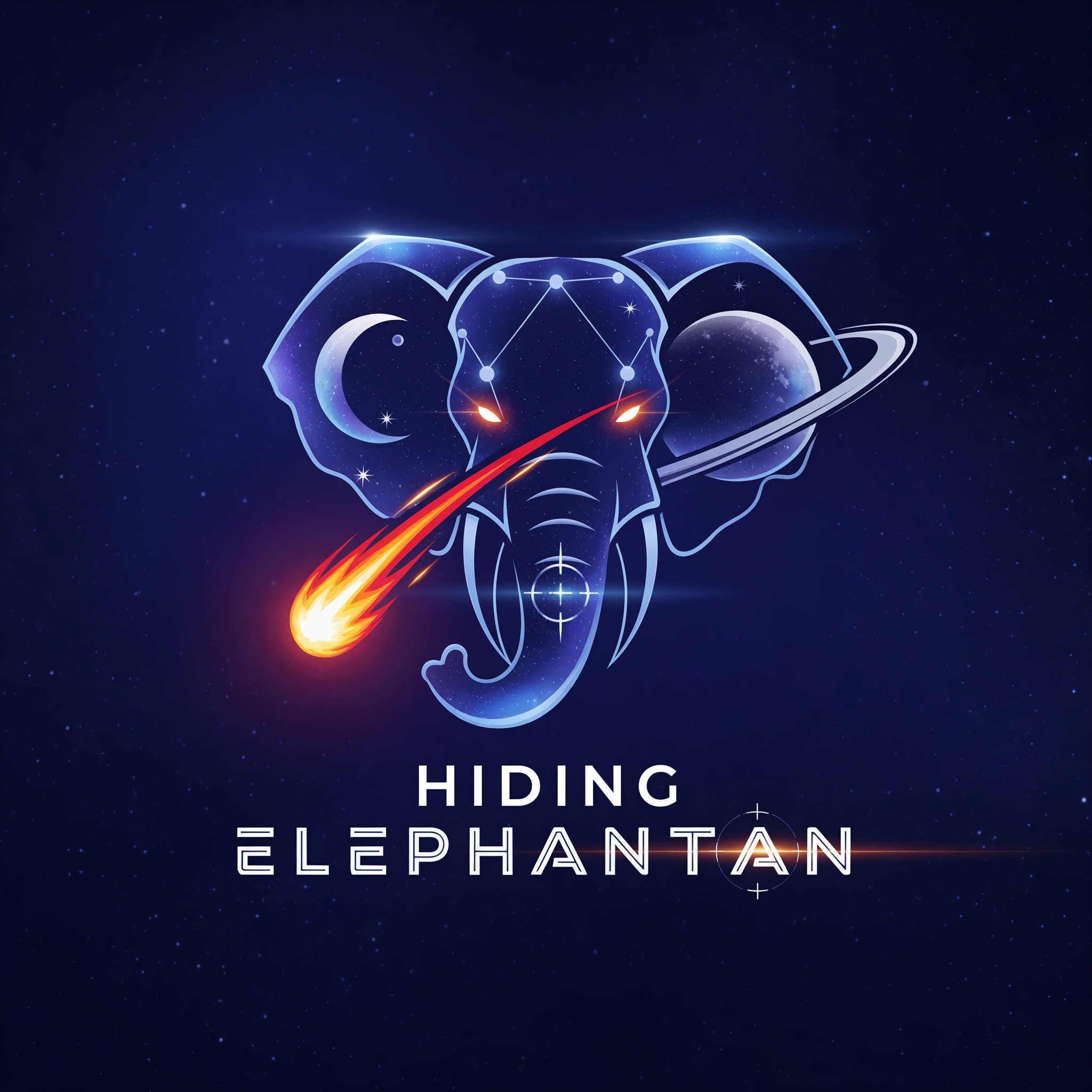 AI Design for Create a dynamic and futuristic logo for 'Hiding Elephanttan,' a space-themed PvP game focused on meteor shooting. The logo should feature a stylized elephant subtly integrated with cosmic elements like stars, meteors, and planets. The elephant should appear stealthy or 'hiding,' symbolizing strategy and surprise in gameplay. Use a sleek, modern font with a sci-fi vibe for the text. The color palette should include deep space blues, purples, and bright meteor-like oranges or reds to convey energy and action. The overall design must balance between boldness and mystery, capturing the excitement of space battles and player-versus-player competition.