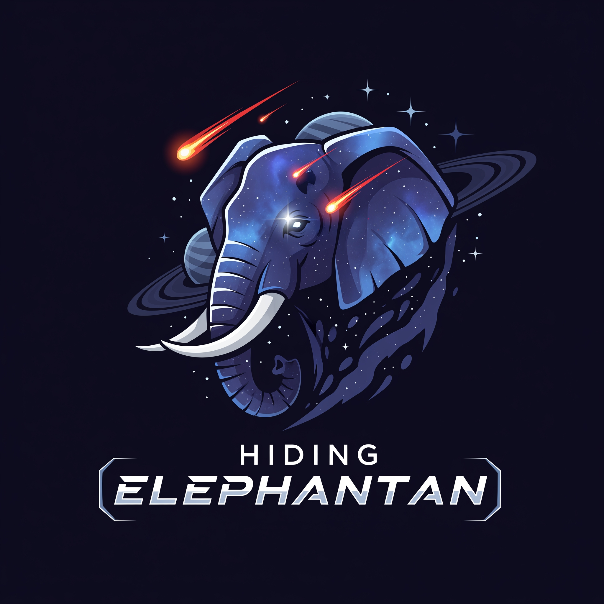 AI Design for Create a dynamic and futuristic logo for 'Hiding Elephanttan,' a space-themed PvP game focused on meteor shooting. The logo should feature a stylized elephant subtly integrated with cosmic elements like stars, meteors, and planets. The elephant should appear stealthy or 'hiding,' symbolizing strategy and surprise in gameplay. Use a sleek, modern font with a sci-fi vibe for the text. The color palette should include deep space blues, purples, and bright meteor-like oranges or reds to convey energy and action. The overall design must balance between boldness and mystery, capturing the excitement of space battles and player-versus-player competition.