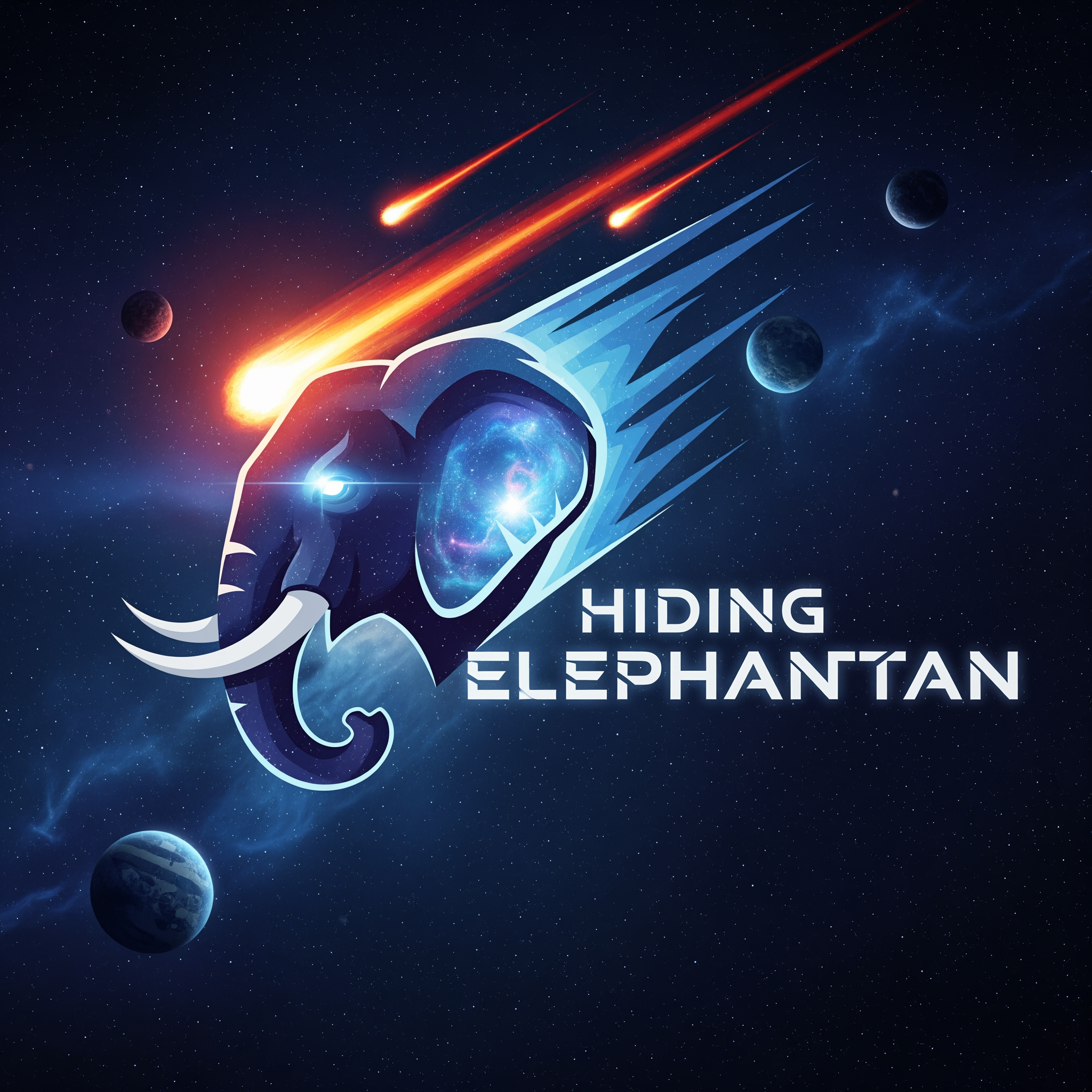 AI Design for Create a dynamic and futuristic logo for 'Hiding Elephanttan,' a space-themed PvP game focused on meteor shooting. The logo should feature a stylized elephant subtly integrated with cosmic elements like stars, meteors, and planets. The elephant should appear stealthy or 'hiding,' symbolizing strategy and surprise in gameplay. Use a sleek, modern font with a sci-fi vibe for the text. The color palette should include deep space blues, purples, and bright meteor-like oranges or reds to convey energy and action. The overall design must balance between boldness and mystery, capturing the excitement of space battles and player-versus-player competition.