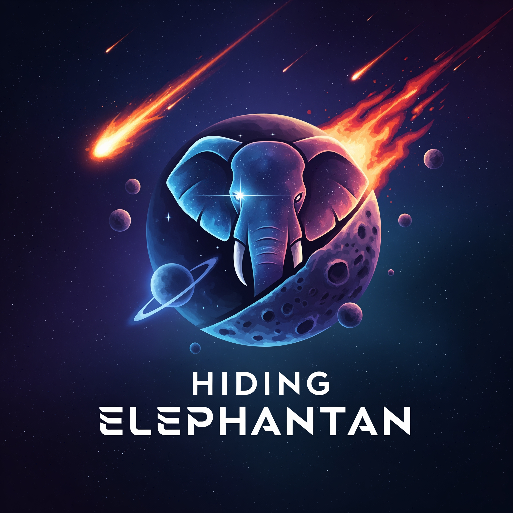 AI Design for Create a dynamic and futuristic logo for 'Hiding Elephanttan,' a space-themed PvP game focused on meteor shooting. The logo should feature a stylized elephant subtly integrated with cosmic elements like stars, meteors, and planets. The elephant should appear stealthy or 'hiding,' symbolizing strategy and surprise in gameplay. Use a sleek, modern font with a sci-fi vibe for the text. The color palette should include deep space blues, purples, and bright meteor-like oranges or reds to convey energy and action. The overall design must balance between boldness and mystery, capturing the excitement of space battles and player-versus-player competition.