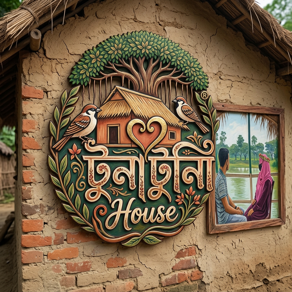 AI Design for amar jonno akta logo ready koro jar name hobe "TunaTuni House" sathea thakbe "love" sin thakbea house ar pic thakbea."TunaTuni" leakha ta digain hobea.House village type house hobe.House ar picone bot gas hobea. house ba tree ta "R" sin thakbea.shatea uper pic ta art pic akarea house ar wall a thakbea