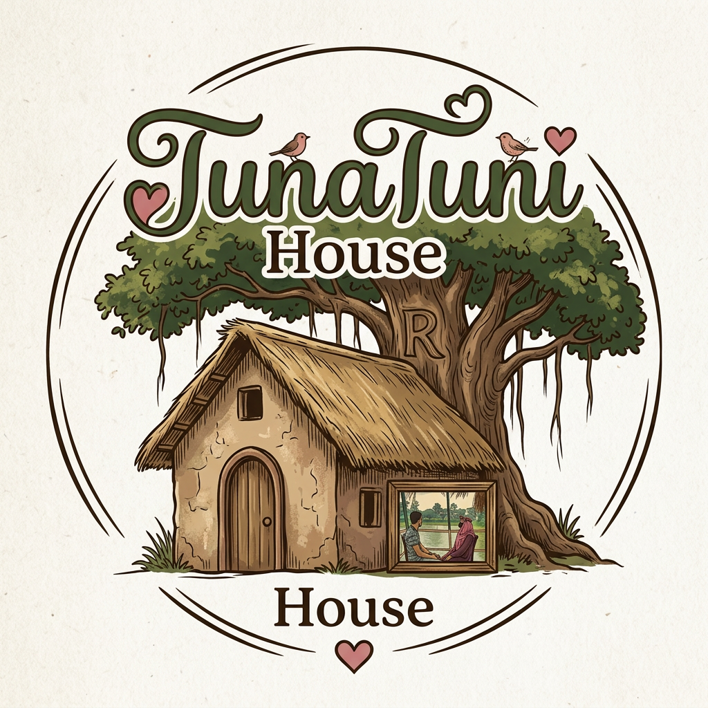 AI Design for amar jonno akta logo ready koro jar name hobe "TunaTuni House" sathea thakbe "love" sin thakbea house ar pic thakbea."TunaTuni" leakha ta digain hobea.House village type house hobe.House ar picone bot gas hobea. house ba tree ta "R" sin thakbea.shatea uper pic ta art pic akarea house ar door ar sidea thakbea