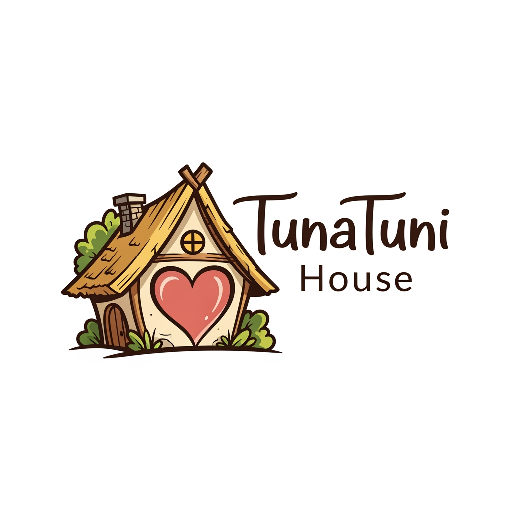 AI Design for amar jonno akta logo ready koro jar name hobe "TunaTuni House" sathea thakbe "love" sin thakbea house ar pic thakbea."TunaTuni" leakha ta digain hobea.House village type house hobe