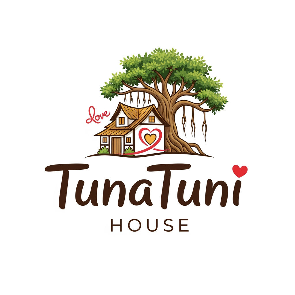 AI Design for amar jonno akta logo ready koro jar name hobe "TunaTuni House" sathea thakbe "love" sin thakbea house ar pic thakbea."TunaTuni" leakha ta digain hobea.House village type house hobe.House ar picone bot gas hobea