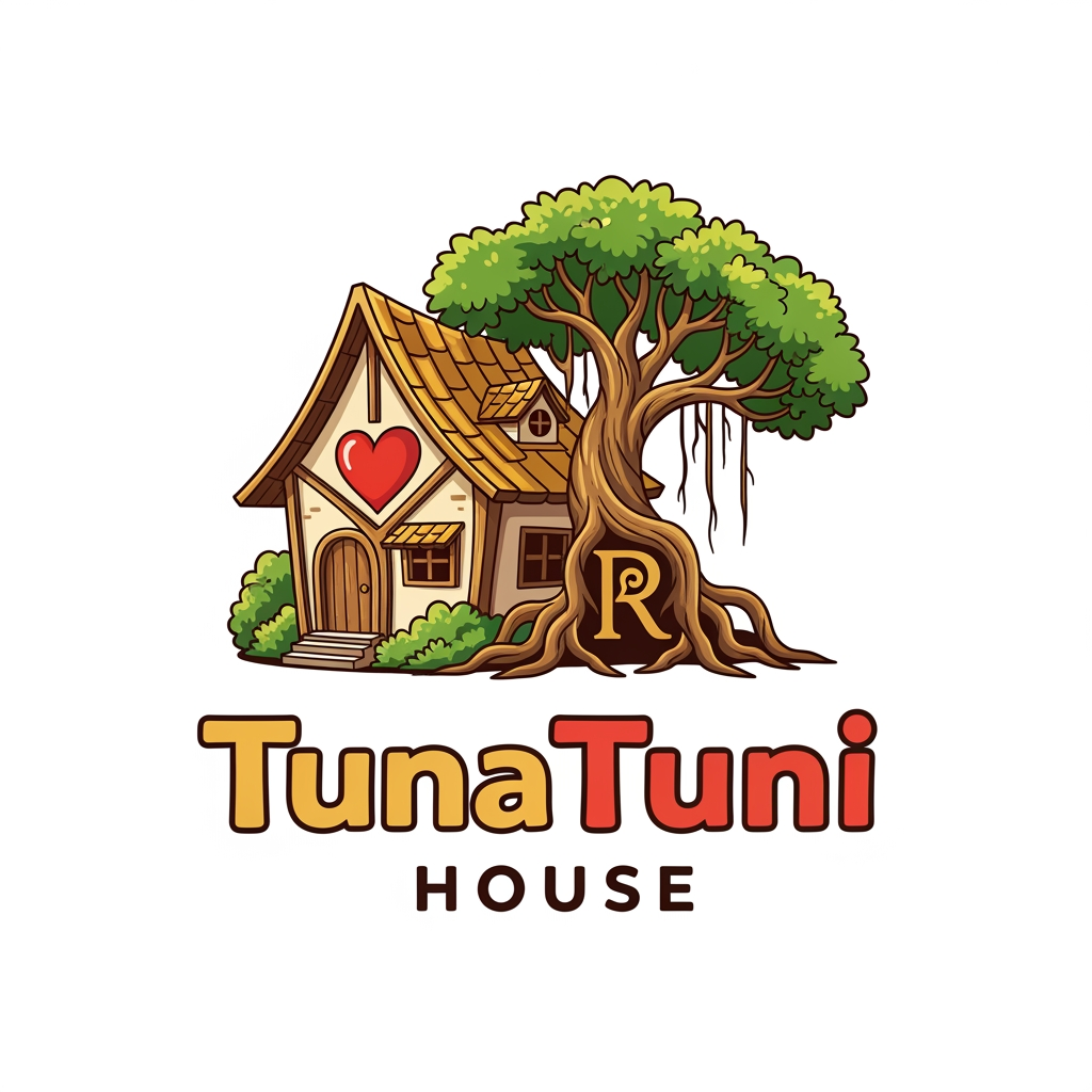 AI Design for amar jonno akta logo ready koro jar name hobe "TunaTuni House" sathea thakbe "love" sin thakbea house ar pic thakbea."TunaTuni" leakha ta digain hobea.House village type house hobe.House ar picone bot gas hobea. house ba tree ta "R" sin thakbea