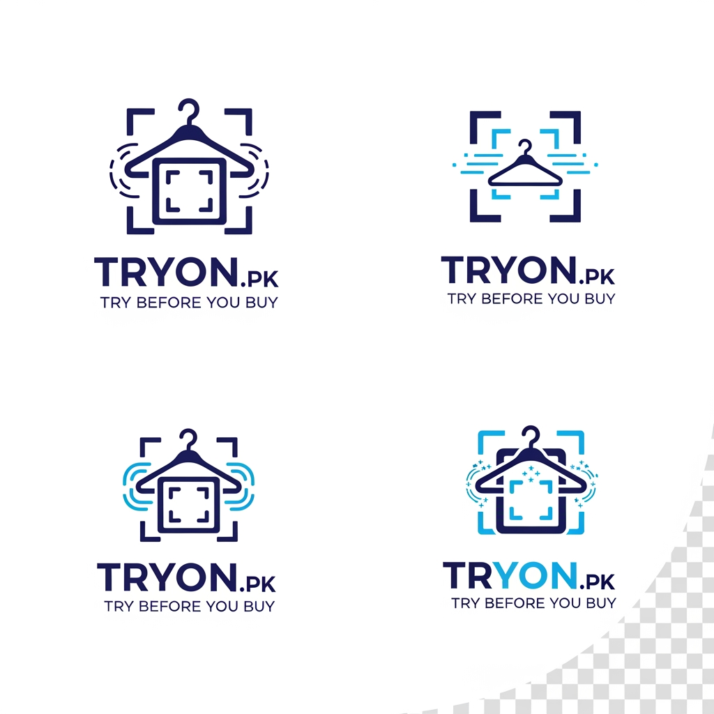 AI Design for Design a world-class logo for a B2B fashion technology startup called "TryOn.pk" with the tagline "Try Before You Buy". The company specializes in AR (Augmented Reality) Virtual Try-On solutions and Shopify store integration for fashion and clothing brands. Create a modern, premium, and highly memorable logo that combines a clothing hanger with an AR scanning frame and subtle digital technology elements. The logo should instantly communicate fashion, virtual try-on, innovation, trust, and e-commerce technology. Use a professional navy blue, royal blue, and electric blue color palette with a clean white background. Include both a distinctive icon and a modern wordmark. Use elegant sans-serif typography. The design should look like a billion-dollar SaaS startup brand, similar in quality to leading technology companies. Minimalist vector style, scalable, clean lines, balanced composition, suitable for website, mobile app, business cards, social media, investor presentations, and enterprise clients. Create 4 different concepts: minimalist, futuristic, luxury-tech, and corporate SaaS versions. High-end branding, professional, unique, iconic, award-winning logo design.Vector logo, flat design, no mockups, no watermark, white background, transparent background version included, professional branding presentation.