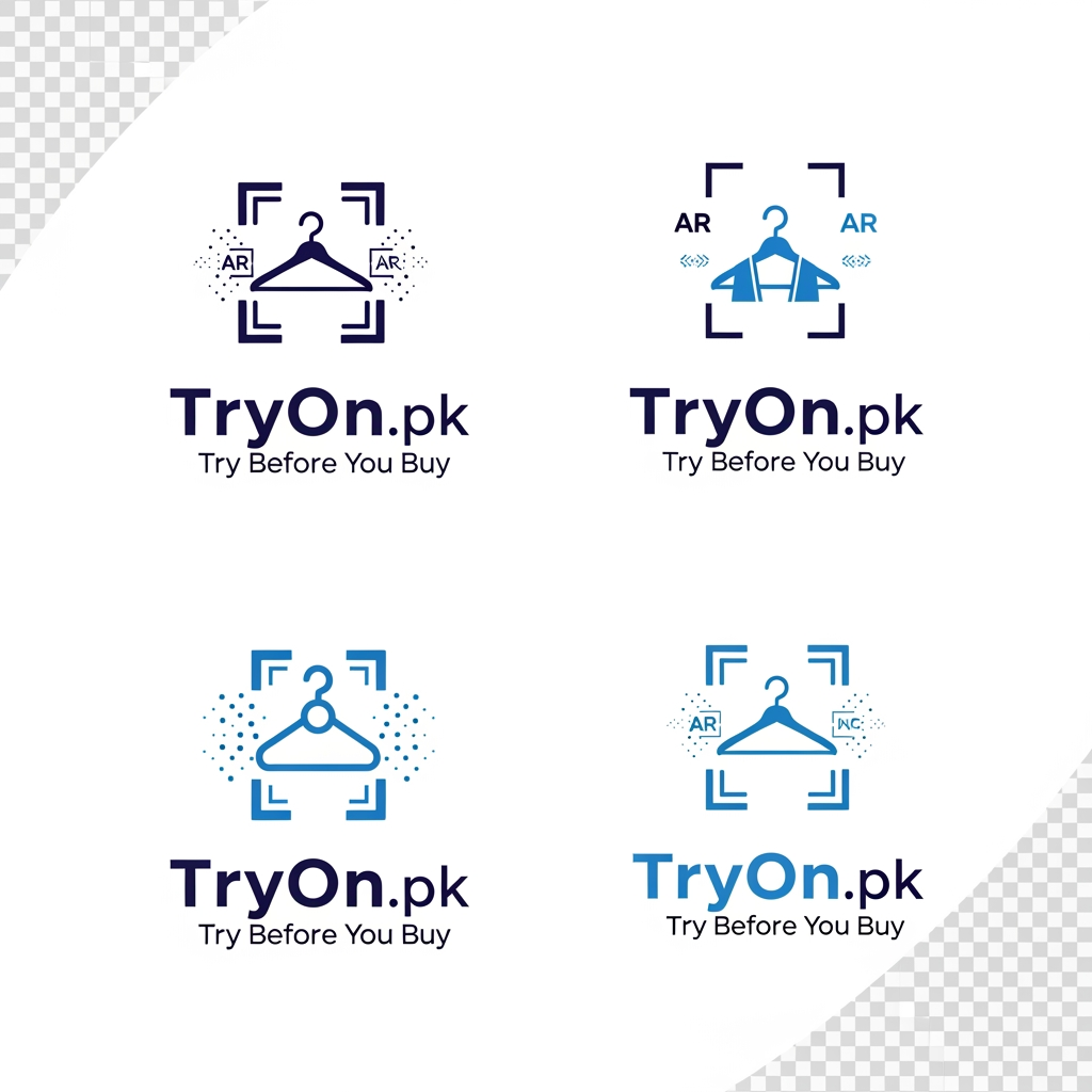 AI Design for Design a world-class logo for a B2B fashion technology startup called "TryOn.pk" with the tagline "Try Before You Buy". The company specializes in AR (Augmented Reality) Virtual Try-On solutions and Shopify store integration for fashion and clothing brands. Create a modern, premium, and highly memorable logo that combines a clothing hanger with an AR scanning frame and subtle digital technology elements. The logo should instantly communicate fashion, virtual try-on, innovation, trust, and e-commerce technology. Use a professional navy blue, royal blue, and electric blue color palette with a clean white background. Include both a distinctive icon and a modern wordmark. Use elegant sans-serif typography. The design should look like a billion-dollar SaaS startup brand, similar in quality to leading technology companies. Minimalist vector style, scalable, clean lines, balanced composition, suitable for website, mobile app, business cards, social media, investor presentations, and enterprise clients. Create 4 different concepts: minimalist, futuristic, luxury-tech, and corporate SaaS versions. High-end branding, professional, unique, iconic, award-winning logo design.Vector logo, flat design, no mockups, no watermark, white background, transparent background version included, professional branding presentation.
