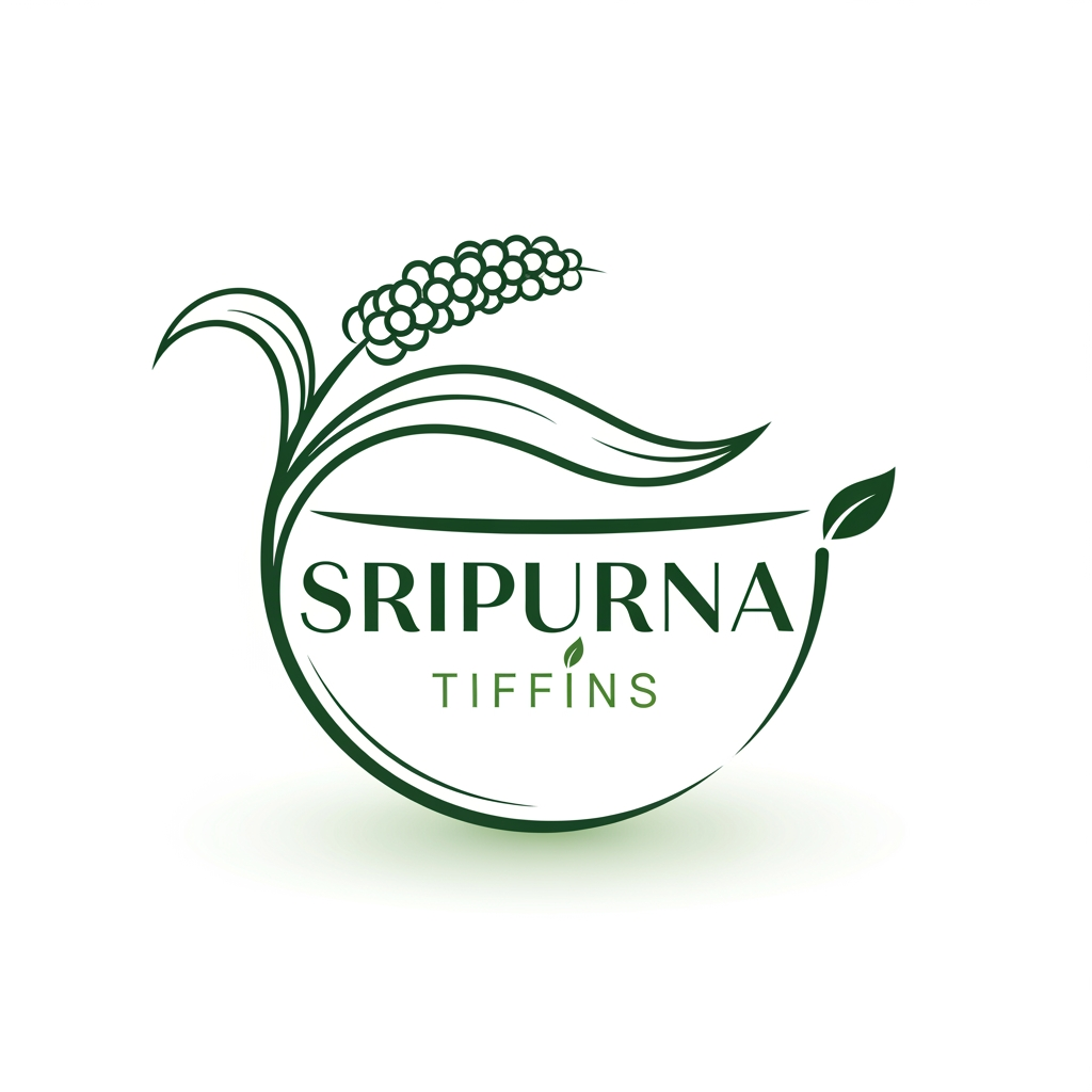 AI Design for my brand name is 'SRIPURNA TIFFINS', it is a millet foods breakfast shop i want to make a logo which should represent premium brand ,healthy, and quality foods. the entire theme should be in white and green combination . genererate a powerful promt to create the logo