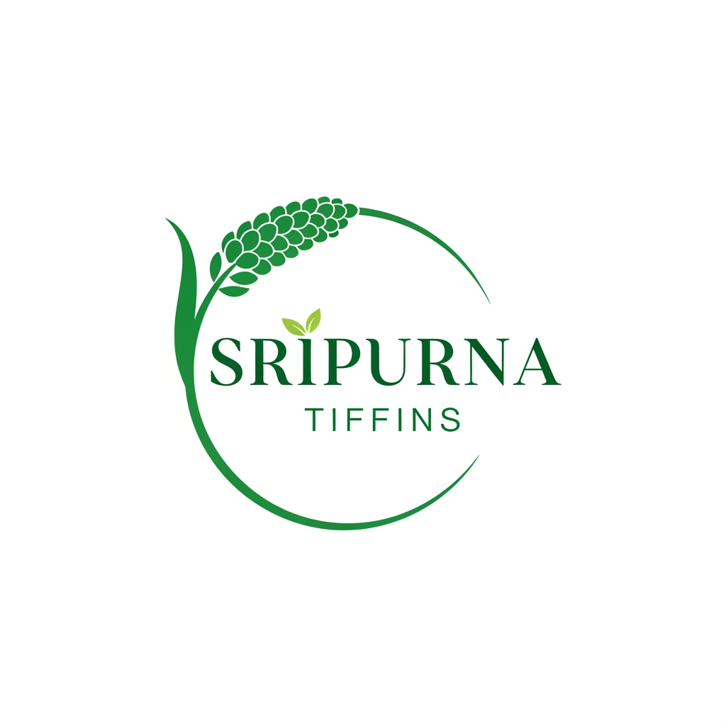 AI Design for my brand name is 'SRIPURNA TIFFINS', it is a millet foods breakfast shop i want to make a logo which should represent premium brand ,healthy, and quality foods. the entire theme should be in white and green combination . genererate a powerful promt to create the logo