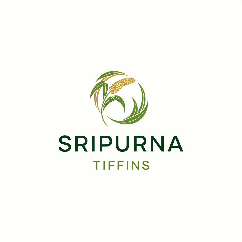 AI Design for my brand name is 'SRIPURNA TIFFINS', it is a millet foods breakfast shop i want to make a logo which should represent premium brand ,healthy, and quality foods. the entire theme should be in white and green combination . genererate a powerful promt to create the logo