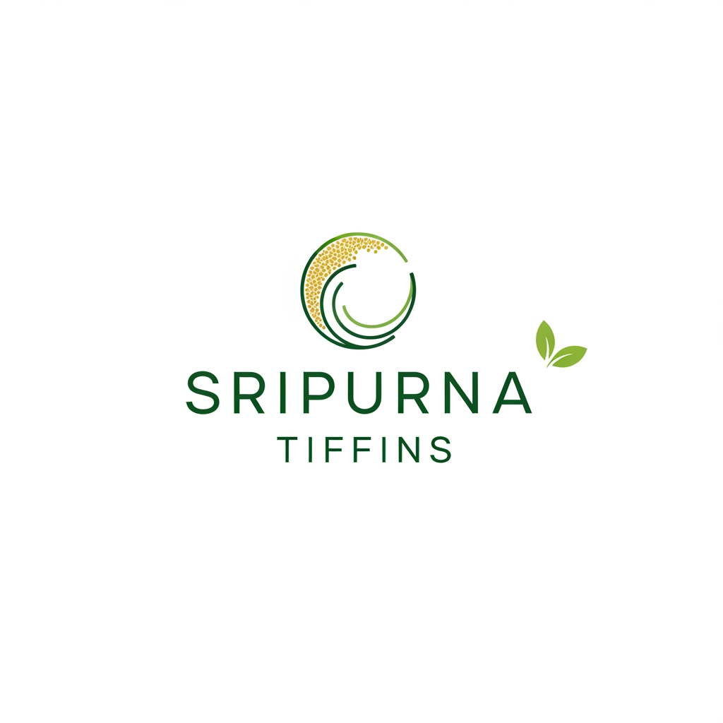 AI Design for my brand name is 'SRIPURNA TIFFINS', it is a millet foods breakfast shop i want to make a logo which should represent premium brand ,healthy, and quality foods. the entire theme should be in white and green combination . genererate a powerful promt to create the logo