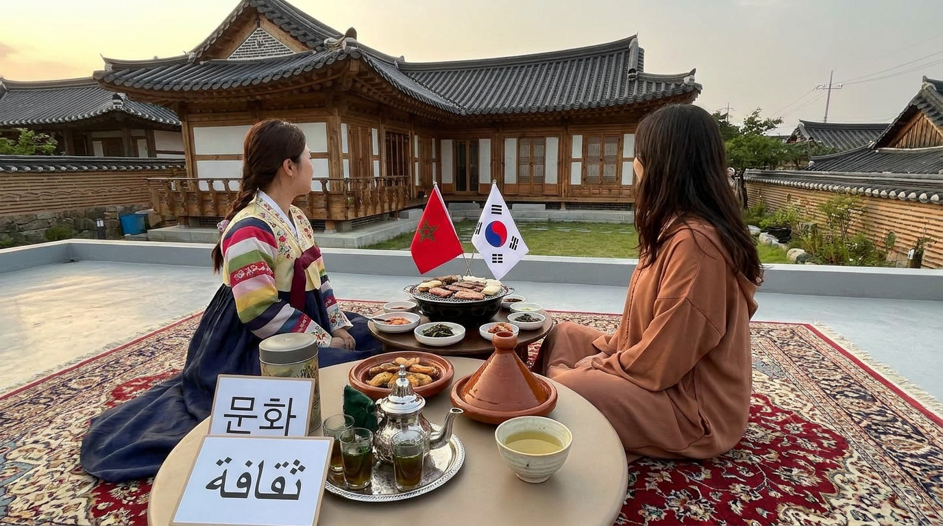 AI Design for Like elements of both cultures like the flags, Moroccan tea and Korean tea, some things written in Korean and other in Arabic, a Korean barbeque and a Moroccan tajine Maybe do in the background a traditional Korean house but they are sitting on a Moroccan carpet (do two girls one wearing Korean hanbok and one wearing a djellaba) on the table there are two types of teas and the elements I told you earliee And don't make the girls faces obvious just make sure it looks like they are girls