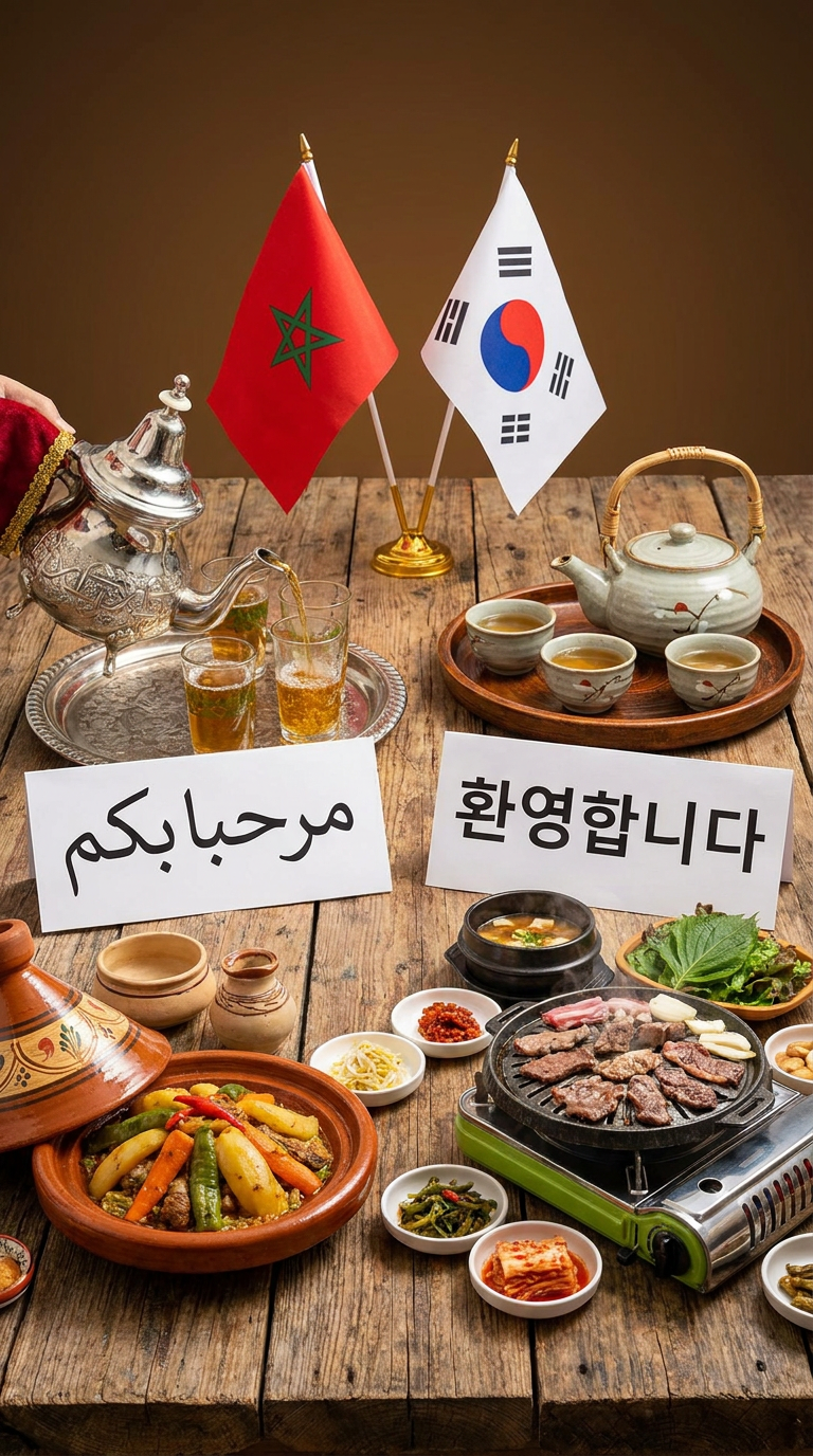 AI Design for Like elements of both cultures like the flags, Moroccan tea and Korean tea, some things written in Korean and other in Arabic, a Korean barbeque and a Moroccan tajine