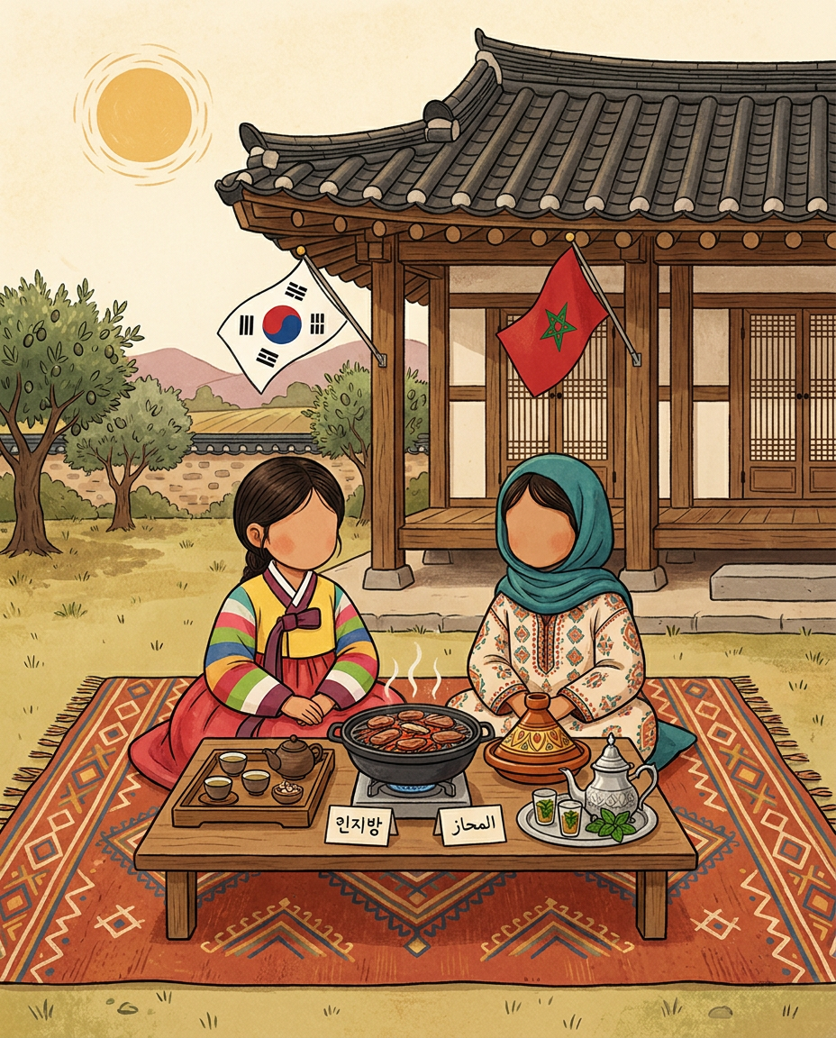 AI Design for Like elements of both cultures like the flags, Moroccan tea and Korean tea, some things written in Korean and other in Arabic, a Korean barbeque and a Moroccan tajine Maybe do in the background a traditional Korean house but they are sitting on a Moroccan carpet (do two girls one wearing Korean hanbok and one wearing a djellaba) on the table there are two types of teas and the elements I told you earliee And don't make the girls faces obvious just make sure it looks like they are girls like the other one not real looking