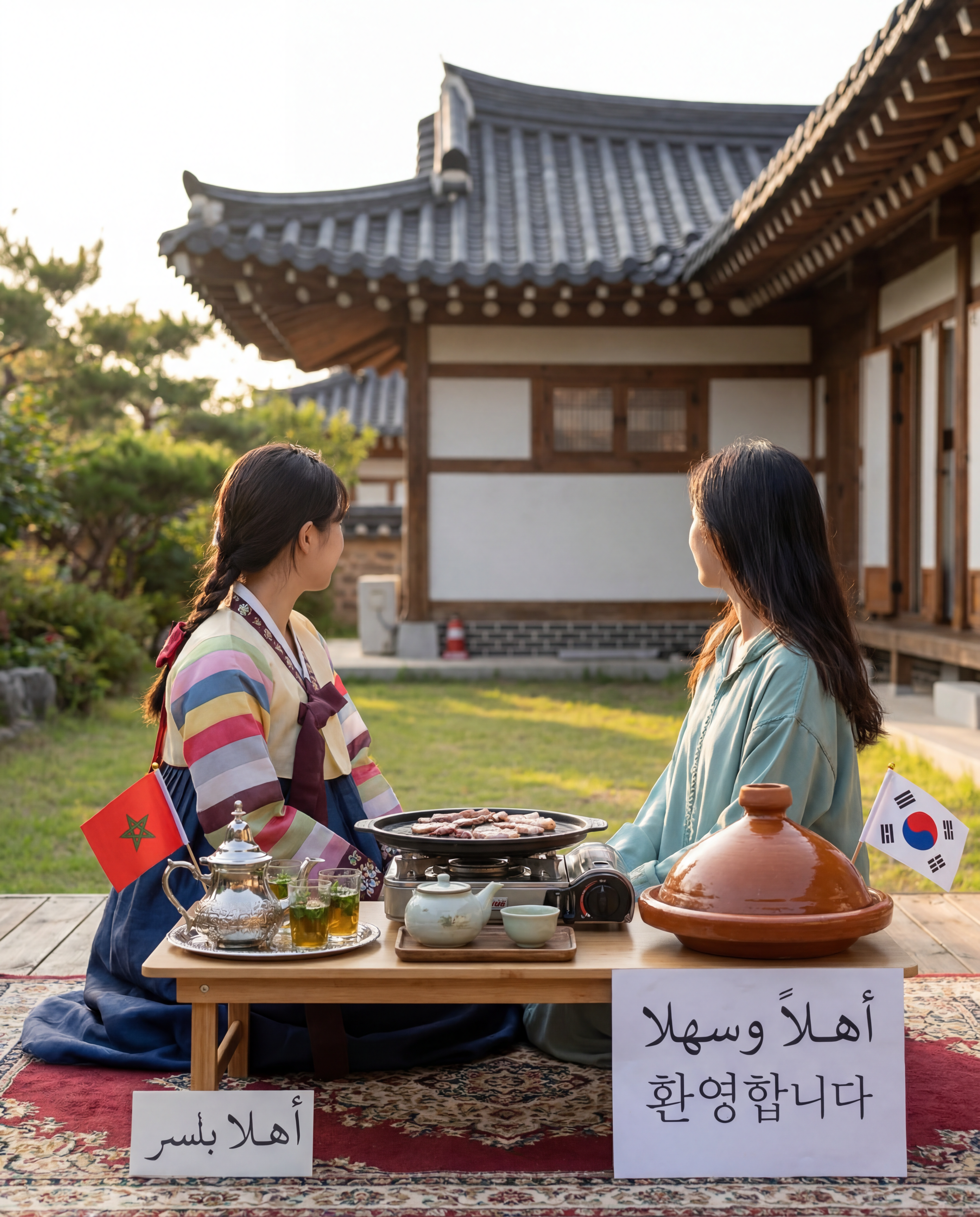 AI Design for Like elements of both cultures like the flags, Moroccan tea and Korean tea, some things written in Korean and other in Arabic, a Korean barbeque and a Moroccan tajine Maybe do in the background a traditional Korean house but they are sitting on a Moroccan carpet (do two girls one wearing Korean hanbok and one wearing a djellaba) on the table there are two types of teas and the elements I told you earliee And don't make the girls faces obvious just make sure it looks like they are girls