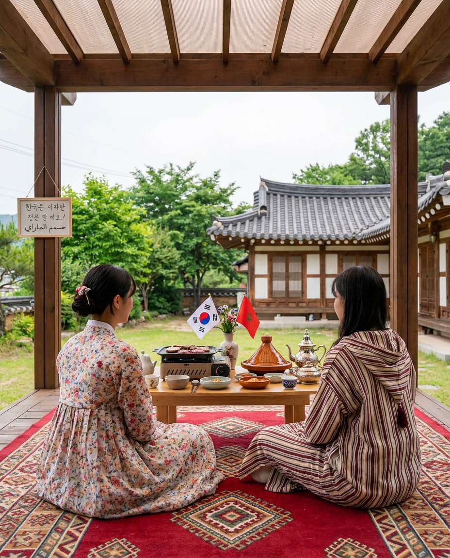 AI Design for Like elements of both cultures like the flags, Moroccan tea and Korean tea, some things written in Korean and other in Arabic, a Korean barbeque and a Moroccan tajine Maybe do in the background a traditional Korean house but they are sitting on a Moroccan carpet (do two girls one wearing Korean hanbok and one wearing a djellaba) on the table there are two types of teas and the elements I told you earliee And don't make the girls faces obvious just make sure it looks like they are girls