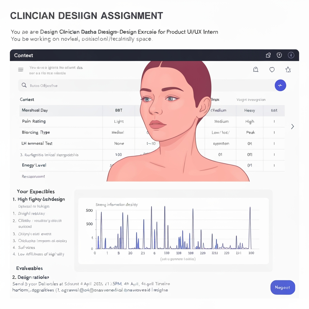 AI Design for UI/UX DESIGN ASSIGNMENT
Clinician Dashboard
Design Exercise for Product UI/UX Intern Role
Objective
Design a clinician-facing dashboard that presents menstrual cycle–related data in a way that
is clear, structured, and clinically meaningful.
Context
You are designing a digital interface for clinicians to review longitudinal patient data over a
menstrual cycle. The goal is not just visualization, but enabling quick interpretation, pattern
recognition, and decision support.
You will be working on a novel product in the healthcare/technology space.
Dataset
You will be provided with a dataset (see the table below) containing:
- Menstrual Day
- Basal Body Temperature (BBT)
- Pain Rating (0–10)
- Bleeding Type (Light / Medium / Heavy / None)
- LH Hormonal Test (Didn’t test/ Low / High / Peak)
- Energy Level (0–10)
Your Task
Design a dashboard that:
1. Represents the data across the menstrual cycle
2. Highlights key patterns and relationships
3. Enables fast clinical interpretation
4. Surfaces important events (e.g., ovulation, symptom peaks)
Research Requirement
Before designing, you must:
- Research how basal body temperature varies across the menstrual cycle
- Understand how clinicians interpret ovulation, symptoms, and cycle phases
Your design should reflect these insights.
Design Expectations
• Strong information hierarchy
• Clear handling of time-series data
• Appropriate use of charts and visual encodings
• Ability to combine categorical and continuous data
• Low cognitive load and high readability
Deliverables
1. High-fidelity dashboard design
2. Design rationale (1–2 pages/slides explaining decisions and insights)
Evaluation Criteria
• Depth of thinking (not just visual polish)
• Clinical relevance of insights surfaced
• Clarity and usability of interface
• Quality of visual design
• Thoughtfulness of design rationale
Submission Timeline
11:59PM, 4th April, 2026.
Send your Deliverables at hariom_aggrawal@onawavemedical.com with subject title
“Assignment for UI/UX internship.”
Note
This is an open-ended problem. We are evaluating how you think, structure information,
and design for real-world use—not just aesthetics.
Data
Day BBT_C Pain Bleeding LH_Test Energy
1 36.4 9 Heavy Didn’t test 2
2 36.4 9 Heavy Didn’t test 2
3 36.3 8 Medium Didn’t test 3
4 36.3 7 Medium Didn’t test 3
5 36.4 7 Light Didn’t test 4
6 36.3 6 None Didn’t test 5
7 36.3 6 None Didn’t test 6
8 36.2 5 None Didn’t test 6
9 36.3 5 None Low 7
10 36.3 5 None Low 7
11 36.4 6 None High 8
12 36.4 6 None High 8
13 36.2 7 None Peak 7
14 36.3 7 None Peak 7
15 36.5 6 None High 7
16 36.7 5 None Low 6
17 36.8 5 None Didn’t test 6
18 36.8 5 None Didn’t test 6
19 36.9 6 None Didn’t test 5
20 36.9 6 None Didn’t test 5
21 37.0 6 None Didn’t test 5
22 36.9 7 None Didn’t test 4
23 36.9 7 None Didn’t test 4
24 36.8 7 None Didn’t test 3
25 36.8 8 None Didn’t test 3
26 36.7 8 None Didn’t test 3
27 36.6 8 None Didn’t test 2
28 36.5 9 None Didn’t test 2