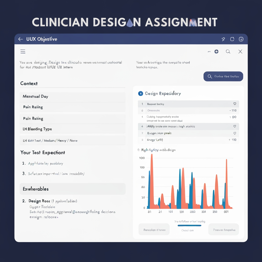 AI Design for UI/UX DESIGN ASSIGNMENT
Clinician Dashboard
Design Exercise for Product UI/UX Intern Role
Objective
Design a clinician-facing dashboard that presents menstrual cycle–related data in a way that
is clear, structured, and clinically meaningful.
Context
You are designing a digital interface for clinicians to review longitudinal patient data over a
menstrual cycle. The goal is not just visualization, but enabling quick interpretation, pattern
recognition, and decision support.
You will be working on a novel product in the healthcare/technology space.
Dataset
You will be provided with a dataset (see the table below) containing:
- Menstrual Day
- Basal Body Temperature (BBT)
- Pain Rating (0–10)
- Bleeding Type (Light / Medium / Heavy / None)
- LH Hormonal Test (Didn’t test/ Low / High / Peak)
- Energy Level (0–10)
Your Task
Design a dashboard that:
1. Represents the data across the menstrual cycle
2. Highlights key patterns and relationships
3. Enables fast clinical interpretation
4. Surfaces important events (e.g., ovulation, symptom peaks)
Research Requirement
Before designing, you must:
- Research how basal body temperature varies across the menstrual cycle
- Understand how clinicians interpret ovulation, symptoms, and cycle phases
Your design should reflect these insights.
Design Expectations
• Strong information hierarchy
• Clear handling of time-series data
• Appropriate use of charts and visual encodings
• Ability to combine categorical and continuous data
• Low cognitive load and high readability
Deliverables
1. High-fidelity dashboard design
2. Design rationale (1–2 pages/slides explaining decisions and insights)
Evaluation Criteria
• Depth of thinking (not just visual polish)
• Clinical relevance of insights surfaced
• Clarity and usability of interface
• Quality of visual design
• Thoughtfulness of design rationale
Submission Timeline
11:59PM, 4th April, 2026.
Send your Deliverables at hariom_aggrawal@onawavemedical.com with subject title
“Assignment for UI/UX internship.”
Note
This is an open-ended problem. We are evaluating how you think, structure information,
and design for real-world use—not just aesthetics.
Data
Day BBT_C Pain Bleeding LH_Test Energy
1 36.4 9 Heavy Didn’t test 2
2 36.4 9 Heavy Didn’t test 2
3 36.3 8 Medium Didn’t test 3
4 36.3 7 Medium Didn’t test 3
5 36.4 7 Light Didn’t test 4
6 36.3 6 None Didn’t test 5
7 36.3 6 None Didn’t test 6
8 36.2 5 None Didn’t test 6
9 36.3 5 None Low 7
10 36.3 5 None Low 7
11 36.4 6 None High 8
12 36.4 6 None High 8
13 36.2 7 None Peak 7
14 36.3 7 None Peak 7
15 36.5 6 None High 7
16 36.7 5 None Low 6
17 36.8 5 None Didn’t test 6
18 36.8 5 None Didn’t test 6
19 36.9 6 None Didn’t test 5
20 36.9 6 None Didn’t test 5
21 37.0 6 None Didn’t test 5
22 36.9 7 None Didn’t test 4
23 36.9 7 None Didn’t test 4
24 36.8 7 None Didn’t test 3
25 36.8 8 None Didn’t test 3
26 36.7 8 None Didn’t test 3
27 36.6 8 None Didn’t test 2
28 36.5 9 None Didn’t test 2