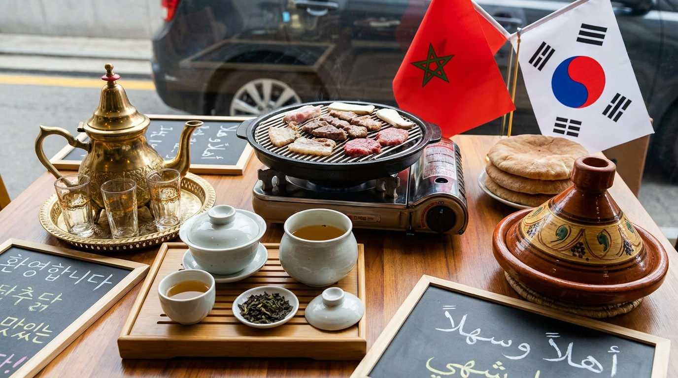 AI Design for Like elements of both cultures like the flags, Moroccan tea and Korean tea, some things written in Korean and other in Arabic, a Korean barbeque and a Moroccan tajine