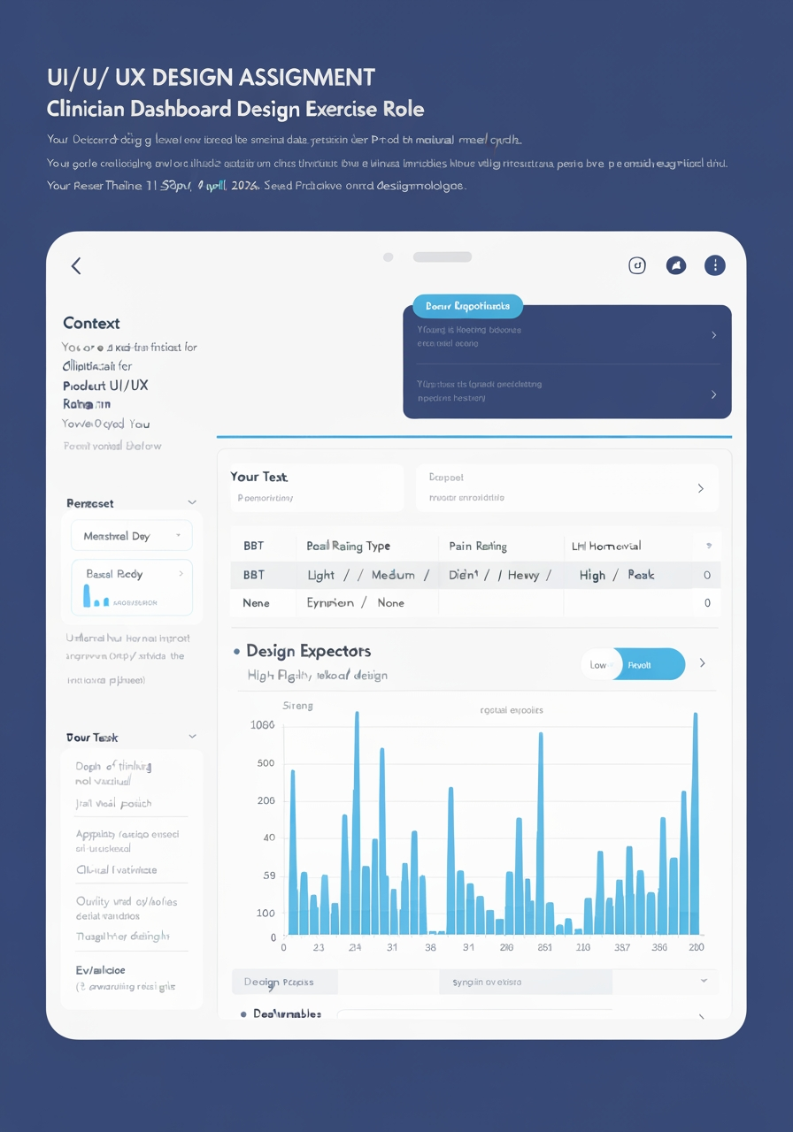 AI Design for UI/UX DESIGN ASSIGNMENT
Clinician Dashboard
Design Exercise for Product UI/UX Intern Role
Objective
Design a clinician-facing dashboard that presents menstrual cycle–related data in a way that
is clear, structured, and clinically meaningful.
Context
You are designing a digital interface for clinicians to review longitudinal patient data over a
menstrual cycle. The goal is not just visualization, but enabling quick interpretation, pattern
recognition, and decision support.
You will be working on a novel product in the healthcare/technology space.
Dataset
You will be provided with a dataset (see the table below) containing:
- Menstrual Day
- Basal Body Temperature (BBT)
- Pain Rating (0–10)
- Bleeding Type (Light / Medium / Heavy / None)
- LH Hormonal Test (Didn’t test/ Low / High / Peak)
- Energy Level (0–10)
Your Task
Design a dashboard that:
1. Represents the data across the menstrual cycle
2. Highlights key patterns and relationships
3. Enables fast clinical interpretation
4. Surfaces important events (e.g., ovulation, symptom peaks)
Research Requirement
Before designing, you must:
- Research how basal body temperature varies across the menstrual cycle
- Understand how clinicians interpret ovulation, symptoms, and cycle phases
Your design should reflect these insights.
Design Expectations
• Strong information hierarchy
• Clear handling of time-series data
• Appropriate use of charts and visual encodings
• Ability to combine categorical and continuous data
• Low cognitive load and high readability
Deliverables
1. High-fidelity dashboard design
2. Design rationale (1–2 pages/slides explaining decisions and insights)
Evaluation Criteria
• Depth of thinking (not just visual polish)
• Clinical relevance of insights surfaced
• Clarity and usability of interface
• Quality of visual design
• Thoughtfulness of design rationale
Submission Timeline
11:59PM, 4th April, 2026.
Send your Deliverables at hariom_aggrawal@onawavemedical.com with subject title
“Assignment for UI/UX internship.”
Note
This is an open-ended problem. We are evaluating how you think, structure information,
and design for real-world use—not just aesthetics.
Data
Day BBT_C Pain Bleeding LH_Test Energy
1 36.4 9 Heavy Didn’t test 2
2 36.4 9 Heavy Didn’t test 2
3 36.3 8 Medium Didn’t test 3
4 36.3 7 Medium Didn’t test 3
5 36.4 7 Light Didn’t test 4
6 36.3 6 None Didn’t test 5
7 36.3 6 None Didn’t test 6
8 36.2 5 None Didn’t test 6
9 36.3 5 None Low 7
10 36.3 5 None Low 7
11 36.4 6 None High 8
12 36.4 6 None High 8
13 36.2 7 None Peak 7
14 36.3 7 None Peak 7
15 36.5 6 None High 7
16 36.7 5 None Low 6
17 36.8 5 None Didn’t test 6
18 36.8 5 None Didn’t test 6
19 36.9 6 None Didn’t test 5
20 36.9 6 None Didn’t test 5
21 37.0 6 None Didn’t test 5
22 36.9 7 None Didn’t test 4
23 36.9 7 None Didn’t test 4
24 36.8 7 None Didn’t test 3
25 36.8 8 None Didn’t test 3
26 36.7 8 None Didn’t test 3
27 36.6 8 None Didn’t test 2
28 36.5 9 None Didn’t test 2