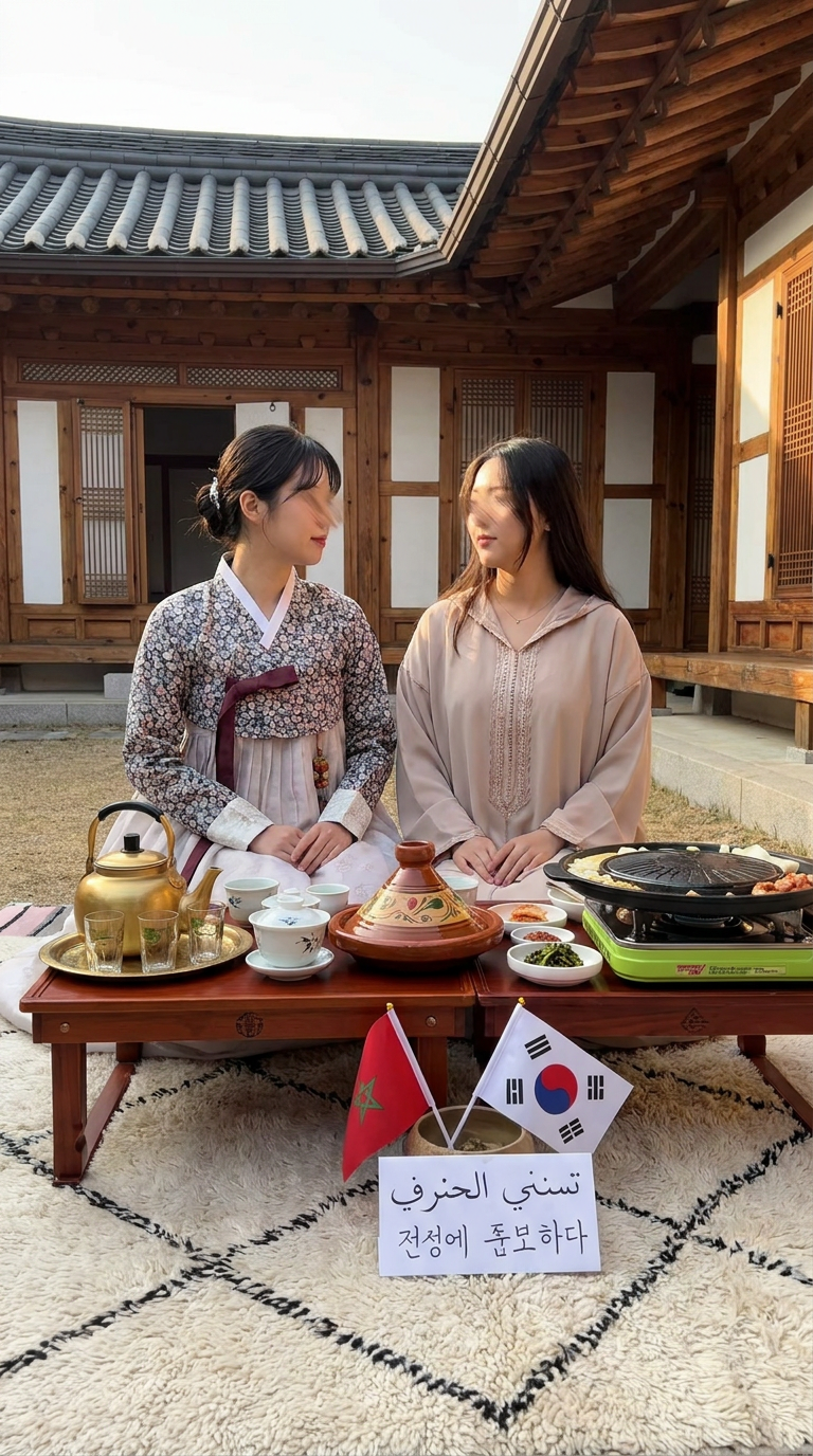 AI Design for Like elements of both cultures like the flags, Moroccan tea and Korean tea, some things written in Korean and other in Arabic, a Korean barbeque and a Moroccan tajine Maybe do in the background a traditional Korean house but they are sitting on a Moroccan carpet (do two girls one wearing Korean hanbok and one wearing a djellaba) on the table there are two types of teas and the elements I told you earliee And don't make the girls faces obvious just make sure it looks like they are girls