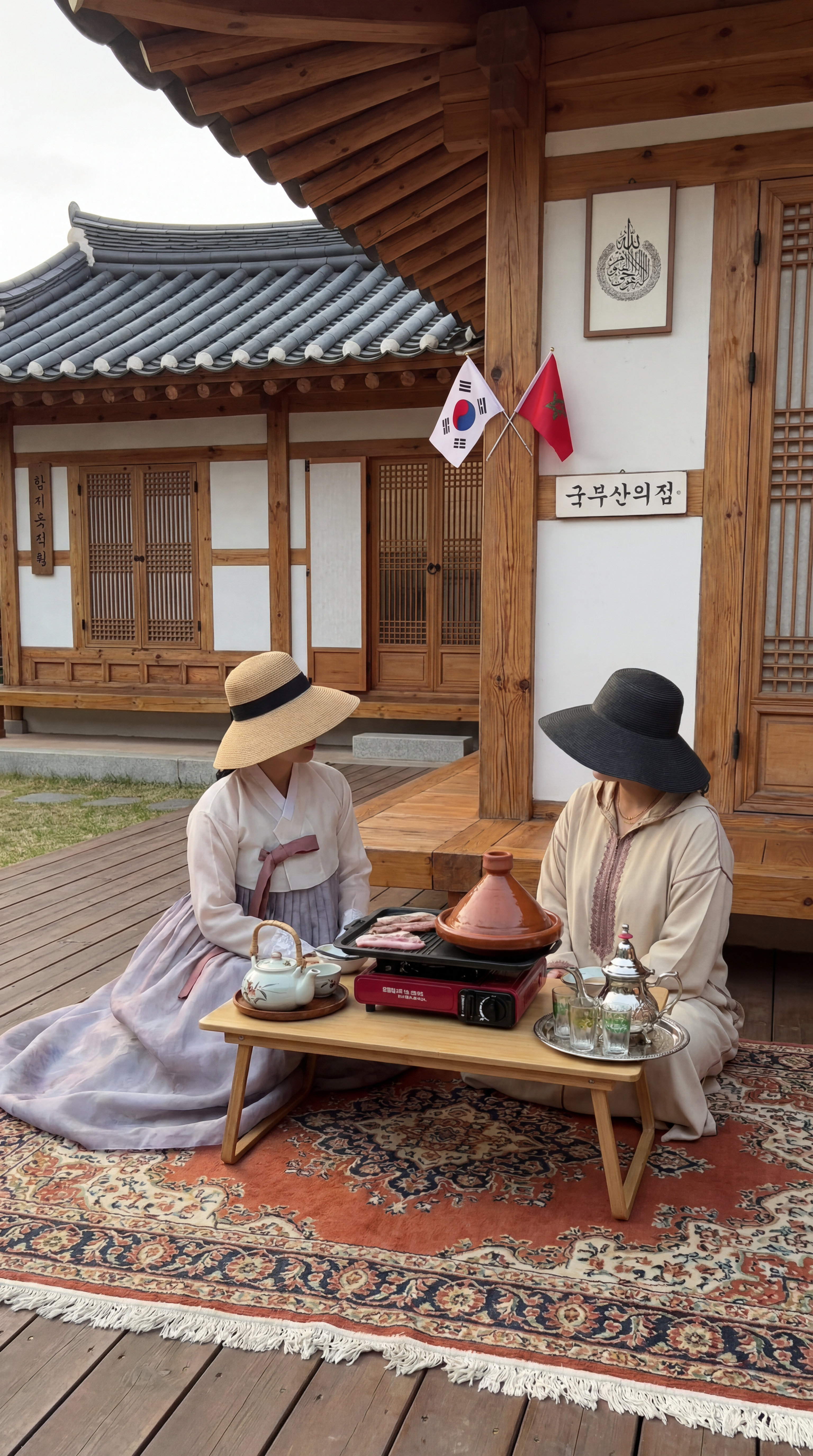 AI Design for Like elements of both cultures like the flags, Moroccan tea and Korean tea, some things written in Korean and other in Arabic, a Korean barbeque and a Moroccan tajine Maybe do in the background a traditional Korean house but they are sitting on a Moroccan carpet (do two girls one wearing Korean hanbok and one wearing a djellaba) on the table there are two types of teas and the elements I told you earliee And don't make the girls faces obvious just make sure it looks like they are girls