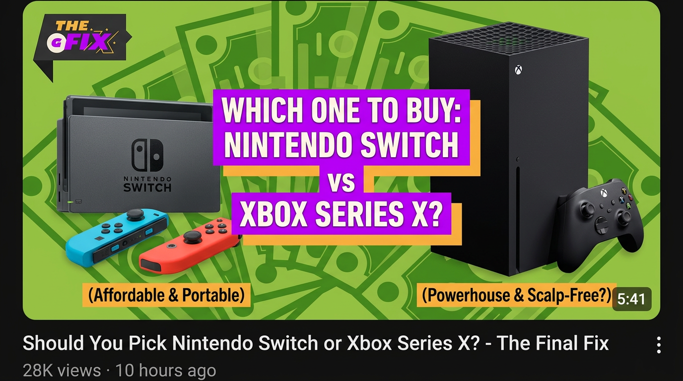 AI Design for make a yt tubminal for a yt vid that tells you what to pic Nintendo switch or xbox like the pic