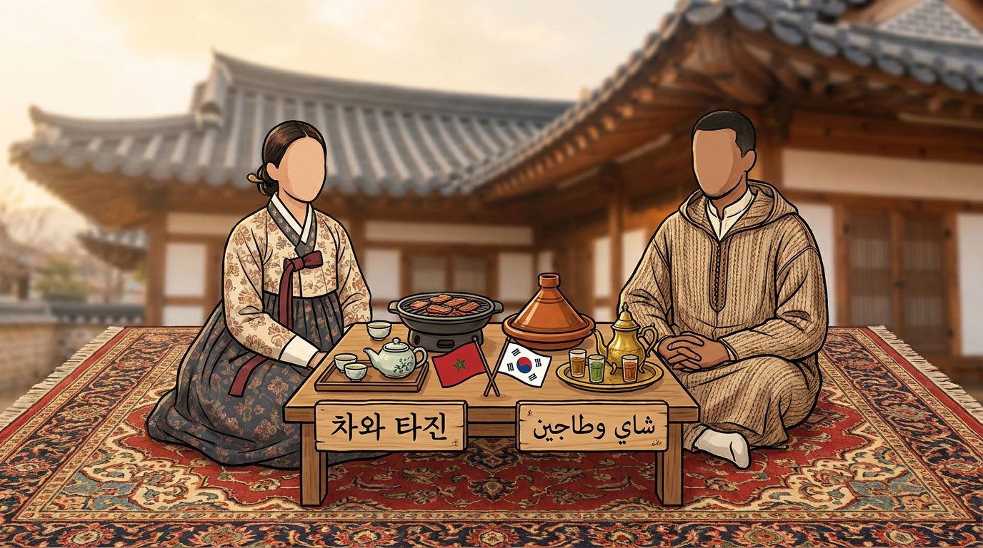 AI Design for Like elements of both cultures like the flags, Moroccan tea and Korean tea, some things written in Korean and other in Arabic, a Korean barbeque and a Moroccan tajine Maybe do in the background a traditional Korean house but they are sitting on a Moroccan carpet (do two girls one wearing Korean hanbok and one wearing a djellaba) on the table there are two types of teas and the elements I told you earliee And don't make the girls faces obvious just make sure it looks like they are girls like the other one not real looking