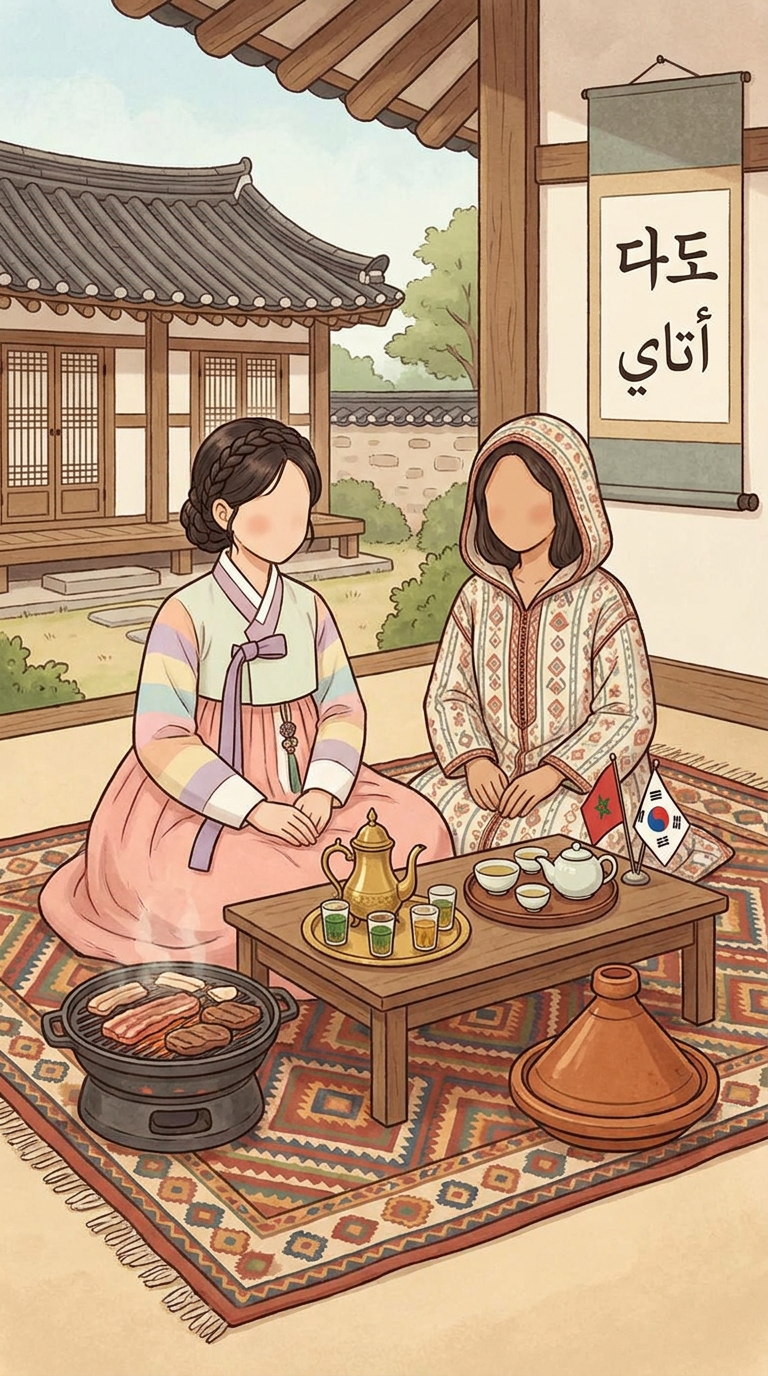 AI Design for Like elements of both cultures like the flags, Moroccan tea and Korean tea, some things written in Korean and other in Arabic, a Korean barbeque and a Moroccan tajine Maybe do in the background a traditional Korean house but they are sitting on a Moroccan carpet (do two girls one wearing Korean hanbok and one wearing a djellaba) on the table there are two types of teas and the elements I told you earliee And don't make the girls faces obvious just make sure it looks like they are girls like the other one not real looking