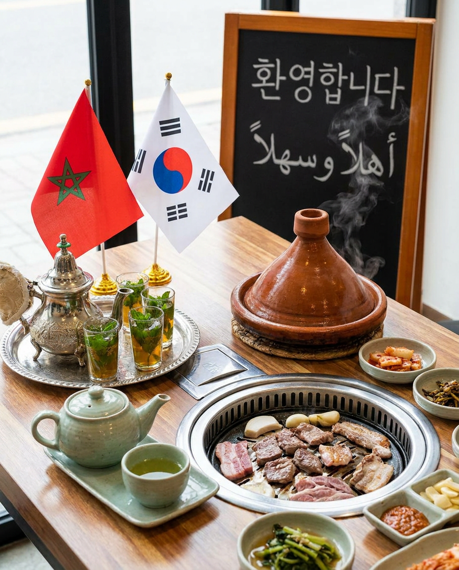 AI Design for Like elements of both cultures like the flags, Moroccan tea and Korean tea, some things written in Korean and other in Arabic, a Korean barbeque and a Moroccan tajine