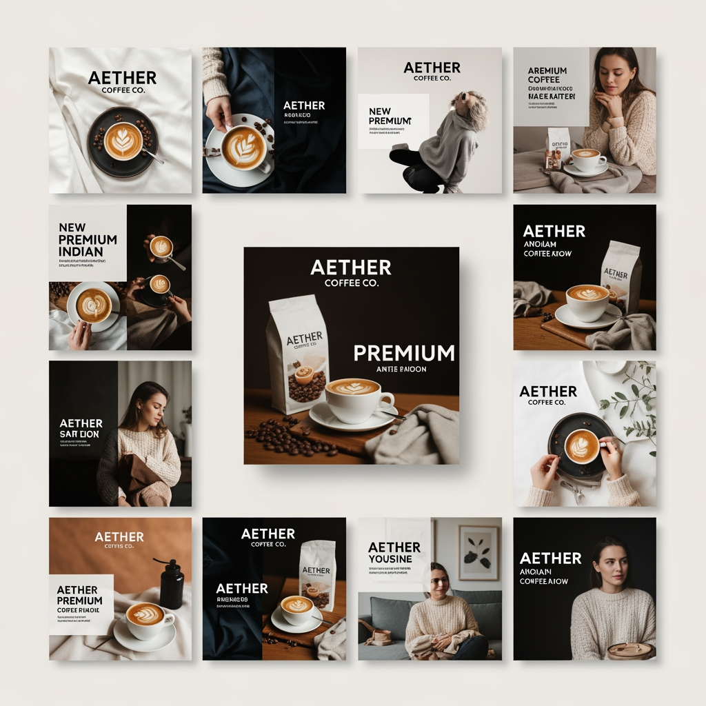 AI Design for Aether Coffee Co.

A new premium coffee brand is launching in India and wants a complete social media campaign.  Brand personality:
Premium
Modern
Minimal
Cozy