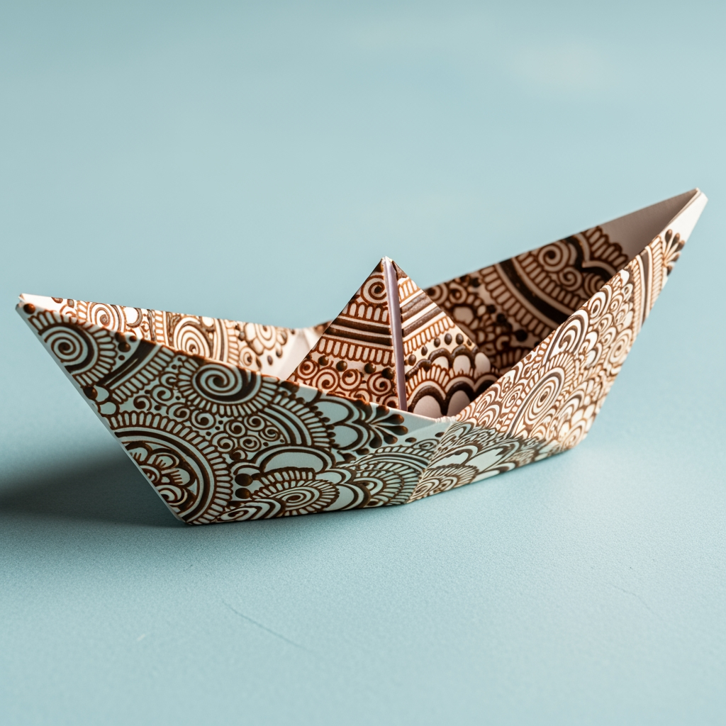 AI Design for An origami paper boat decorated with intricate Indian Henna (Mehndi)