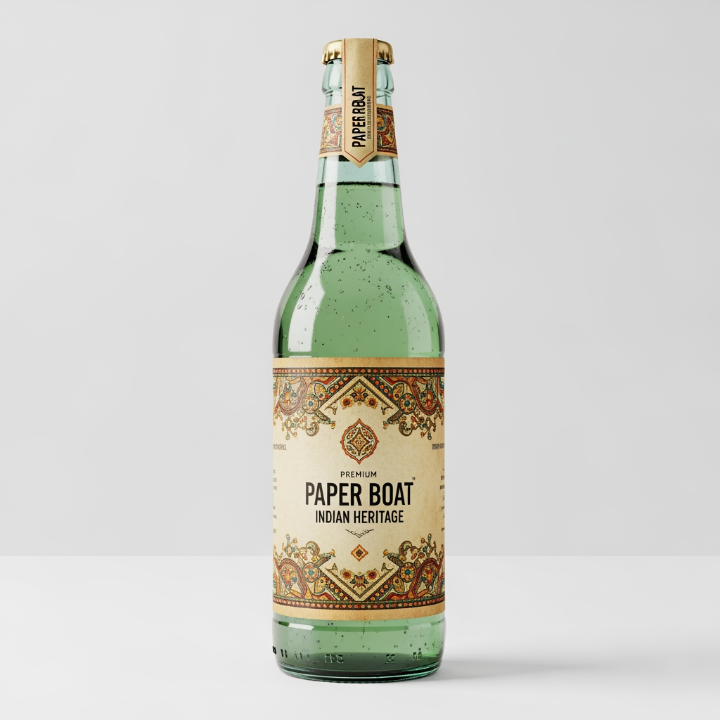 AI Design for Design a premium Indian heritage beverage bottle for Paper Boat. Use a recycled glass bottle with a subtle green tint and handcrafted appearance. The label should feature traditional Indian design elements inspired by Madhubani art, Kalamkari patterns, river motifs, lotus flowers, and vintage Indian packaging.

At the top of the label, elegant Hindi typography reads "कागज़ की कश्ती". In the center, a large handcrafted Hindi flavor name becomes the hero visual element, creatively shaped around the fruit itself, similar to modern fruit-based typography branding. Below it, a small refined Paper Boat wordmark appears in English.

Use earthy colors, terracotta, indigo blue, turmeric yellow, mango orange, natural green, and aged paper textures. The bottle should feel sustainable, nostalgic, handmade, premium, eco-friendly, and deeply rooted in Indian culture. Avoid modern corporate aesthetics, plastic packaging, western design language, and excessive luxury styling.

Professional packaging design presentation, realistic glass bottle mockup, front label view, branding case study quality, clean background.