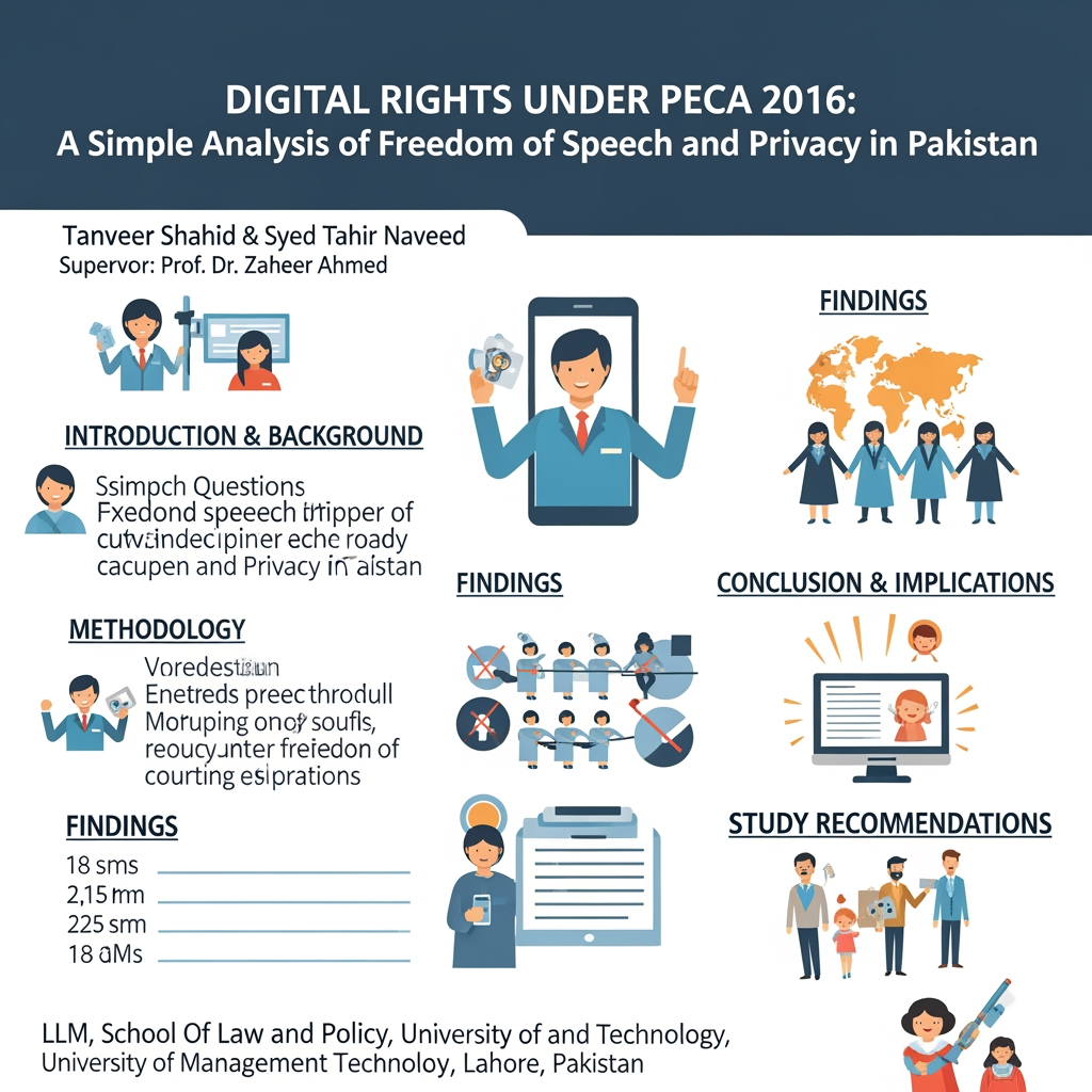 AI Design for DIGITAL RIGHTS UNDER PECA 2016: A Simple Analysis of Freedom of Speech and Privacy in Pakistan
Author: 
Tanveer Shahid & Syed Tahir Naveed
Supervisor: 
Prof. Dr. Zaheer Ahmed
Department
LLM, School Of Law and Policy , University of Management and Technology, Lahore, Pakistan.


1. INTRODUCTION & BACKGROUND
BRIEF CONTEXT: 
Internet use is growing very fast in Pakistan. Because of this, cybercrime has also increased. So the government made a law to control it.
Problem/Gap: 
PECA 2016 was made to stop cybercrime. But people are worried that it hurts basic rights like freedom of speech, privacy, and fair court process.
Purpose: 
This study checks if PECA 2016 matches the Constitution and international human rights rules. It also gives ideas to better protect digital rights in Pakistan.

2. RESEARCH QUESTIONS
•	Does PECA 2016 follow the Constitution’s rules about freedom of speech and privacy?  
•	How has PECA affected people’s freedom of speech and privacy in real life?  
•	What are the legal problems in PECA, and what changes are needed to protect digital rights?
3. METHODOLOGY 
•	Research Design: 
Qualitative research + Doctrinal legal analysis + Comparative legal analysis + Policy analysis
•	Sample/Population:
 PECA 2016, court judgments, constitutional provisions, international laws, comparative frameworks
•	Content Analyzed: 
Laws, court cases, government rules, policy documents, international legal instruments
•	Data Technique: 
Legal content analysis + comparative analysis + rights-based constitutional analysis
4. FINDINGS 
KEY FINDINGS (ALIGNED WITH RESEARCH QUESTIONS)
1.	PECA contains several provisions that are inconsistent with constitutional protections of freedom of expression and privacy, particularly Sections 20 and 37.
2.	Broad content-blocking powers, criminal defamation provisions, and surveillance mechanisms create significant risks for digital rights and due process.
3.	Judicial oversight remains limited, while enforcement practices may encourage self-censorship among journalists, activists, and online users.
4.	Comparative models from the EU and UK demonstrate more transparent and rights-compatible approaches to digital governance.
________________________________________
DIGITAL RIGHTS CHALLENGES UNDER PECA
•	Criminal Defamation — 85% 
•	Content Blocking Powers — 80% 
•	Surveillance Concerns — 75% 
•	Lack of Transparency — 70% 
•	Due Process Issues — 65% 
Impact Level (%)
________________________________________
MAJOR CHALLENGES IDENTIFIED
Challenge	Impact
Criminal Defamation	                Chilling Effect on Speech
Content Blocking	                 Reduced Online Freedom
Surveillance Powers	                   Privacy Risks
Weak Oversight	                  Due Process Concerns
Lack of Transparency	                  Accountability Deficit

5. CONCLUSION & IMPLICATIONS
KEY CONCLUSIONS
•	PECA plays an important role in addressing cybercrime but contains several provisions that adversely affect freedom of expression and privacy. 
•	Current enforcement mechanisms grant extensive powers to regulatory authorities without sufficient safeguards. 
•	Meaningful reform is required to align PECA with constitutional guarantees and international human rights standards. 
PRACTICAL IMPLICATIONS
•	Better protection of digital rights 
•	Improved transparency and accountability 
•	Enhanced public trust in digital governance 
•	Stronger constitutional compliance 
•	More effective cybercrime regulation 
________________________________________
6. STUDY RECOMMENDATIONS
TOP 5 RECOMMENDATIONS
1.	Treat ordinary online defamation as a civil matter instead of a criminal offense. 
2.	Require court warrants before surveillance or access to personal data. 
3.	Create an independent digital rights authority. 
4.	Make content-blocking decisions more transparent. 
5.	Introduce a strong data protection law to safeguard personal information.
7-SMART DIGITAL RIGHTS REFORM MODEL
1. LEGAL REFORM
2. JUDICIAL OVERSIGHT
3. INDEPENDENT REGULATOR
4. TRANSPARENCY & ACCOUNTABILITY
5. PROTECTION OF DIGITAL RIGHTS