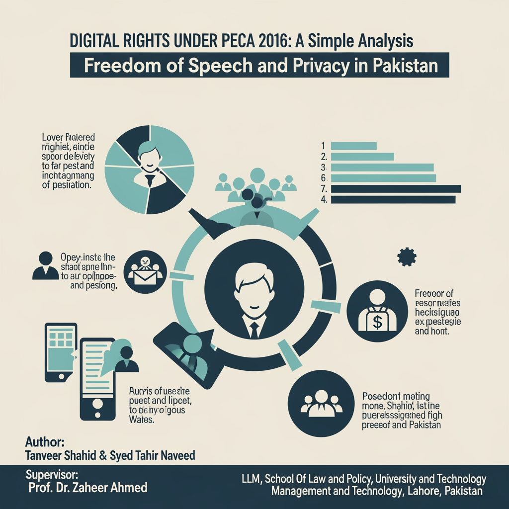 AI Design for DIGITAL RIGHTS UNDER PECA 2016: A Simple Analysis of Freedom of Speech and Privacy in Pakistan
Author: 
Tanveer Shahid & Syed Tahir Naveed
Supervisor: 
Prof. Dr. Zaheer Ahmed
Department
LLM, School Of Law and Policy , University of Management and Technology, Lahore, Pakistan.


1. INTRODUCTION & BACKGROUND
BRIEF CONTEXT: 
Internet use is growing very fast in Pakistan. Because of this, cybercrime has also increased. So the government made a law to control it.
Problem/Gap: 
PECA 2016 was made to stop cybercrime. But people are worried that it hurts basic rights like freedom of speech, privacy, and fair court process.
Purpose: 
This study checks if PECA 2016 matches the Constitution and international human rights rules. It also gives ideas to better protect digital rights in Pakistan.

2. RESEARCH QUESTIONS
•	Does PECA 2016 follow the Constitution’s rules about freedom of speech and privacy?  
•	How has PECA affected people’s freedom of speech and privacy in real life?  
•	What are the legal problems in PECA, and what changes are needed to protect digital rights?
3. METHODOLOGY 
•	Research Design: 
Qualitative research + Doctrinal legal analysis + Comparative legal analysis + Policy analysis
•	Sample/Population:
 PECA 2016, court judgments, constitutional provisions, international laws, comparative frameworks
•	Content Analyzed: 
Laws, court cases, government rules, policy documents, international legal instruments
•	Data Technique: 
Legal content analysis + comparative analysis + rights-based constitutional analysis
4. FINDINGS 
KEY FINDINGS (ALIGNED WITH RESEARCH QUESTIONS)
1.	PECA contains several provisions that are inconsistent with constitutional protections of freedom of expression and privacy, particularly Sections 20 and 37.
2.	Broad content-blocking powers, criminal defamation provisions, and surveillance mechanisms create significant risks for digital rights and due process.
3.	Judicial oversight remains limited, while enforcement practices may encourage self-censorship among journalists, activists, and online users.
4.	Comparative models from the EU and UK demonstrate more transparent and rights-compatible approaches to digital governance.
________________________________________
DIGITAL RIGHTS CHALLENGES UNDER PECA
•	Criminal Defamation — 85% 
•	Content Blocking Powers — 80% 
•	Surveillance Concerns — 75% 
•	Lack of Transparency — 70% 
•	Due Process Issues — 65% 
Impact Level (%)
________________________________________
MAJOR CHALLENGES IDENTIFIED
Challenge	Impact
Criminal Defamation	                Chilling Effect on Speech
Content Blocking	                 Reduced Online Freedom
Surveillance Powers	                   Privacy Risks
Weak Oversight	                  Due Process Concerns
Lack of Transparency	                  Accountability Deficit

5. CONCLUSION & IMPLICATIONS
KEY CONCLUSIONS
•	PECA plays an important role in addressing cybercrime but contains several provisions that adversely affect freedom of expression and privacy. 
•	Current enforcement mechanisms grant extensive powers to regulatory authorities without sufficient safeguards. 
•	Meaningful reform is required to align PECA with constitutional guarantees and international human rights standards. 
PRACTICAL IMPLICATIONS
•	Better protection of digital rights 
•	Improved transparency and accountability 
•	Enhanced public trust in digital governance 
•	Stronger constitutional compliance 
•	More effective cybercrime regulation 
________________________________________
6. STUDY RECOMMENDATIONS
TOP 5 RECOMMENDATIONS
1.	Treat ordinary online defamation as a civil matter instead of a criminal offense. 
2.	Require court warrants before surveillance or access to personal data. 
3.	Create an independent digital rights authority. 
4.	Make content-blocking decisions more transparent. 
5.	Introduce a strong data protection law to safeguard personal information.
7-SMART DIGITAL RIGHTS REFORM MODEL
1. LEGAL REFORM
2. JUDICIAL OVERSIGHT
3. INDEPENDENT REGULATOR
4. TRANSPARENCY & ACCOUNTABILITY
5. PROTECTION OF DIGITAL RIGHTS