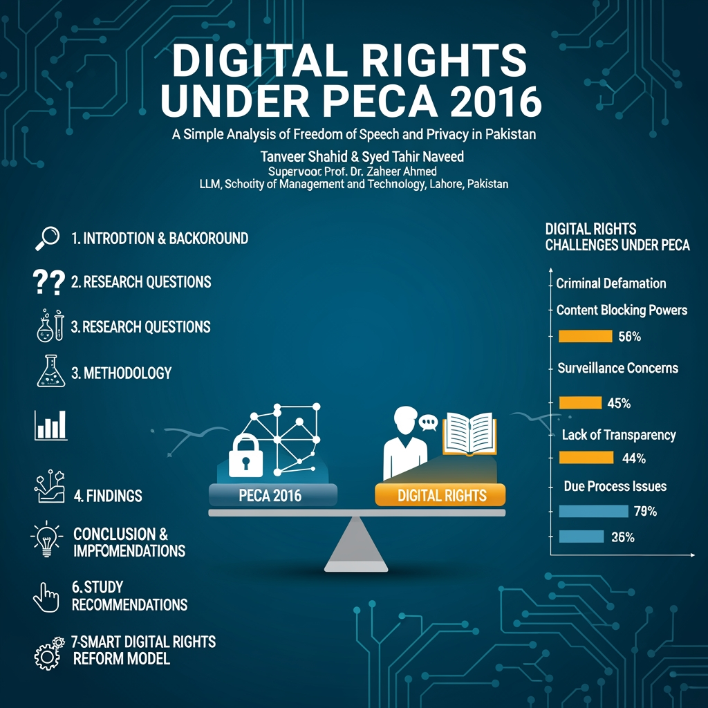 AI Design for DIGITAL RIGHTS UNDER PECA 2016: A Simple Analysis of Freedom of Speech and Privacy in Pakistan
Author: 
Tanveer Shahid & Syed Tahir Naveed
Supervisor: 
Prof. Dr. Zaheer Ahmed
Department
LLM, School Of Law and Policy , University of Management and Technology, Lahore, Pakistan.


1. INTRODUCTION & BACKGROUND
BRIEF CONTEXT: 
Internet use is growing very fast in Pakistan. Because of this, cybercrime has also increased. So the government made a law to control it.
Problem/Gap: 
PECA 2016 was made to stop cybercrime. But people are worried that it hurts basic rights like freedom of speech, privacy, and fair court process.
Purpose: 
This study checks if PECA 2016 matches the Constitution and international human rights rules. It also gives ideas to better protect digital rights in Pakistan.

2. RESEARCH QUESTIONS
•	Does PECA 2016 follow the Constitution’s rules about freedom of speech and privacy?  
•	How has PECA affected people’s freedom of speech and privacy in real life?  
•	What are the legal problems in PECA, and what changes are needed to protect digital rights?
3. METHODOLOGY 
•	Research Design: 
Qualitative research + Doctrinal legal analysis + Comparative legal analysis + Policy analysis
•	Sample/Population:
 PECA 2016, court judgments, constitutional provisions, international laws, comparative frameworks
•	Content Analyzed: 
Laws, court cases, government rules, policy documents, international legal instruments
•	Data Technique: 
Legal content analysis + comparative analysis + rights-based constitutional analysis
4. FINDINGS 
KEY FINDINGS (ALIGNED WITH RESEARCH QUESTIONS)
1.	PECA contains several provisions that are inconsistent with constitutional protections of freedom of expression and privacy, particularly Sections 20 and 37.
2.	Broad content-blocking powers, criminal defamation provisions, and surveillance mechanisms create significant risks for digital rights and due process.
3.	Judicial oversight remains limited, while enforcement practices may encourage self-censorship among journalists, activists, and online users.
4.	Comparative models from the EU and UK demonstrate more transparent and rights-compatible approaches to digital governance.
________________________________________
DIGITAL RIGHTS CHALLENGES UNDER PECA
•	Criminal Defamation — 85% 
•	Content Blocking Powers — 80% 
•	Surveillance Concerns — 75% 
•	Lack of Transparency — 70% 
•	Due Process Issues — 65% 
Impact Level (%)
________________________________________
MAJOR CHALLENGES IDENTIFIED
Challenge	Impact
Criminal Defamation	                Chilling Effect on Speech
Content Blocking	                 Reduced Online Freedom
Surveillance Powers	                   Privacy Risks
Weak Oversight	                  Due Process Concerns
Lack of Transparency	                  Accountability Deficit

5. CONCLUSION & IMPLICATIONS
KEY CONCLUSIONS
•	PECA plays an important role in addressing cybercrime but contains several provisions that adversely affect freedom of expression and privacy. 
•	Current enforcement mechanisms grant extensive powers to regulatory authorities without sufficient safeguards. 
•	Meaningful reform is required to align PECA with constitutional guarantees and international human rights standards. 
PRACTICAL IMPLICATIONS
•	Better protection of digital rights 
•	Improved transparency and accountability 
•	Enhanced public trust in digital governance 
•	Stronger constitutional compliance 
•	More effective cybercrime regulation 
________________________________________
6. STUDY RECOMMENDATIONS
TOP 5 RECOMMENDATIONS
1.	Treat ordinary online defamation as a civil matter instead of a criminal offense. 
2.	Require court warrants before surveillance or access to personal data. 
3.	Create an independent digital rights authority. 
4.	Make content-blocking decisions more transparent. 
5.	Introduce a strong data protection law to safeguard personal information.
7-SMART DIGITAL RIGHTS REFORM MODEL
1. LEGAL REFORM
2. JUDICIAL OVERSIGHT
3. INDEPENDENT REGULATOR
4. TRANSPARENCY & ACCOUNTABILITY
5. PROTECTION OF DIGITAL RIGHTS
