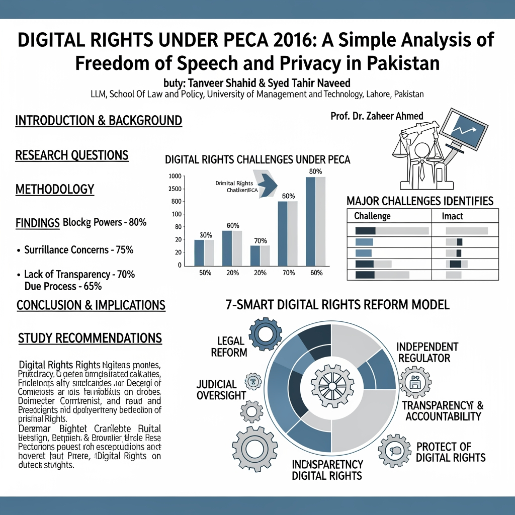 AI Design for DIGITAL RIGHTS UNDER PECA 2016: A Simple Analysis of Freedom of Speech and Privacy in Pakistan
Author: 
Tanveer Shahid & Syed Tahir Naveed
Supervisor: 
Prof. Dr. Zaheer Ahmed
Department
LLM, School Of Law and Policy , University of Management and Technology, Lahore, Pakistan.


1. INTRODUCTION & BACKGROUND
BRIEF CONTEXT: 
Internet use is growing very fast in Pakistan. Because of this, cybercrime has also increased. So the government made a law to control it.
Problem/Gap: 
PECA 2016 was made to stop cybercrime. But people are worried that it hurts basic rights like freedom of speech, privacy, and fair court process.
Purpose: 
This study checks if PECA 2016 matches the Constitution and international human rights rules. It also gives ideas to better protect digital rights in Pakistan.

2. RESEARCH QUESTIONS
•	Does PECA 2016 follow the Constitution’s rules about freedom of speech and privacy?  
•	How has PECA affected people’s freedom of speech and privacy in real life?  
•	What are the legal problems in PECA, and what changes are needed to protect digital rights?
3. METHODOLOGY 
•	Research Design: 
Qualitative research + Doctrinal legal analysis + Comparative legal analysis + Policy analysis
•	Sample/Population:
 PECA 2016, court judgments, constitutional provisions, international laws, comparative frameworks
•	Content Analyzed: 
Laws, court cases, government rules, policy documents, international legal instruments
•	Data Technique: 
Legal content analysis + comparative analysis + rights-based constitutional analysis
4. FINDINGS 
KEY FINDINGS (ALIGNED WITH RESEARCH QUESTIONS)
1.	PECA contains several provisions that are inconsistent with constitutional protections of freedom of expression and privacy, particularly Sections 20 and 37.
2.	Broad content-blocking powers, criminal defamation provisions, and surveillance mechanisms create significant risks for digital rights and due process.
3.	Judicial oversight remains limited, while enforcement practices may encourage self-censorship among journalists, activists, and online users.
4.	Comparative models from the EU and UK demonstrate more transparent and rights-compatible approaches to digital governance.
________________________________________
DIGITAL RIGHTS CHALLENGES UNDER PECA
•	Criminal Defamation — 85% 
•	Content Blocking Powers — 80% 
•	Surveillance Concerns — 75% 
•	Lack of Transparency — 70% 
•	Due Process Issues — 65% 
Impact Level (%)
________________________________________
MAJOR CHALLENGES IDENTIFIED
Challenge	Impact
Criminal Defamation	                Chilling Effect on Speech
Content Blocking	                 Reduced Online Freedom
Surveillance Powers	                   Privacy Risks
Weak Oversight	                  Due Process Concerns
Lack of Transparency	                  Accountability Deficit

5. CONCLUSION & IMPLICATIONS
KEY CONCLUSIONS
•	PECA plays an important role in addressing cybercrime but contains several provisions that adversely affect freedom of expression and privacy. 
•	Current enforcement mechanisms grant extensive powers to regulatory authorities without sufficient safeguards. 
•	Meaningful reform is required to align PECA with constitutional guarantees and international human rights standards. 
PRACTICAL IMPLICATIONS
•	Better protection of digital rights 
•	Improved transparency and accountability 
•	Enhanced public trust in digital governance 
•	Stronger constitutional compliance 
•	More effective cybercrime regulation 
________________________________________
6. STUDY RECOMMENDATIONS
TOP 5 RECOMMENDATIONS
1.	Treat ordinary online defamation as a civil matter instead of a criminal offense. 
2.	Require court warrants before surveillance or access to personal data. 
3.	Create an independent digital rights authority. 
4.	Make content-blocking decisions more transparent. 
5.	Introduce a strong data protection law to safeguard personal information.
7-SMART DIGITAL RIGHTS REFORM MODEL
1. LEGAL REFORM
2. JUDICIAL OVERSIGHT
3. INDEPENDENT REGULATOR
4. TRANSPARENCY & ACCOUNTABILITY
5. PROTECTION OF DIGITAL RIGHTS