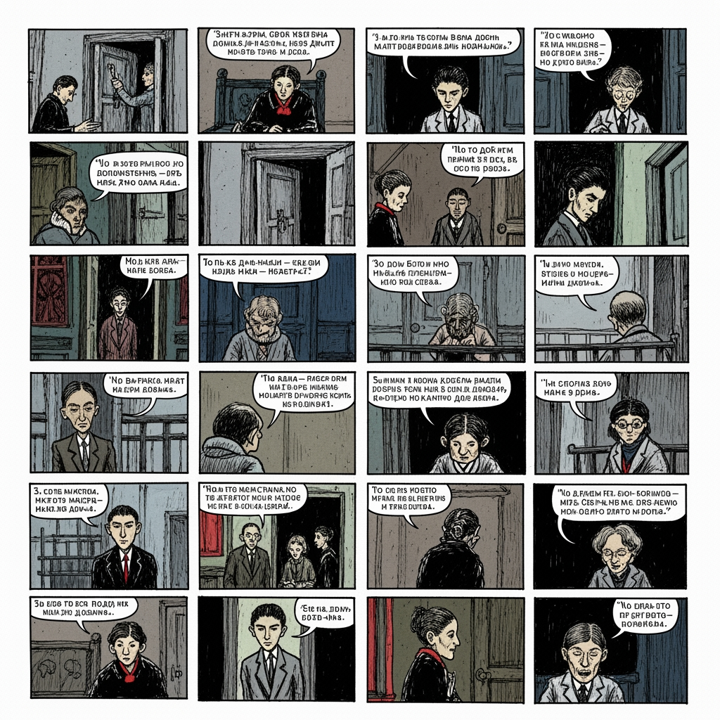 AI Design for Napravi mi strip o delu ,,Proces" Franca Kafke koji će sadržati 20 sličica sa citatima iz dela, pisanih srpskom ćirilicom. Želim da mi strip uradiš po stilu ove slike koju sam ti poslala.