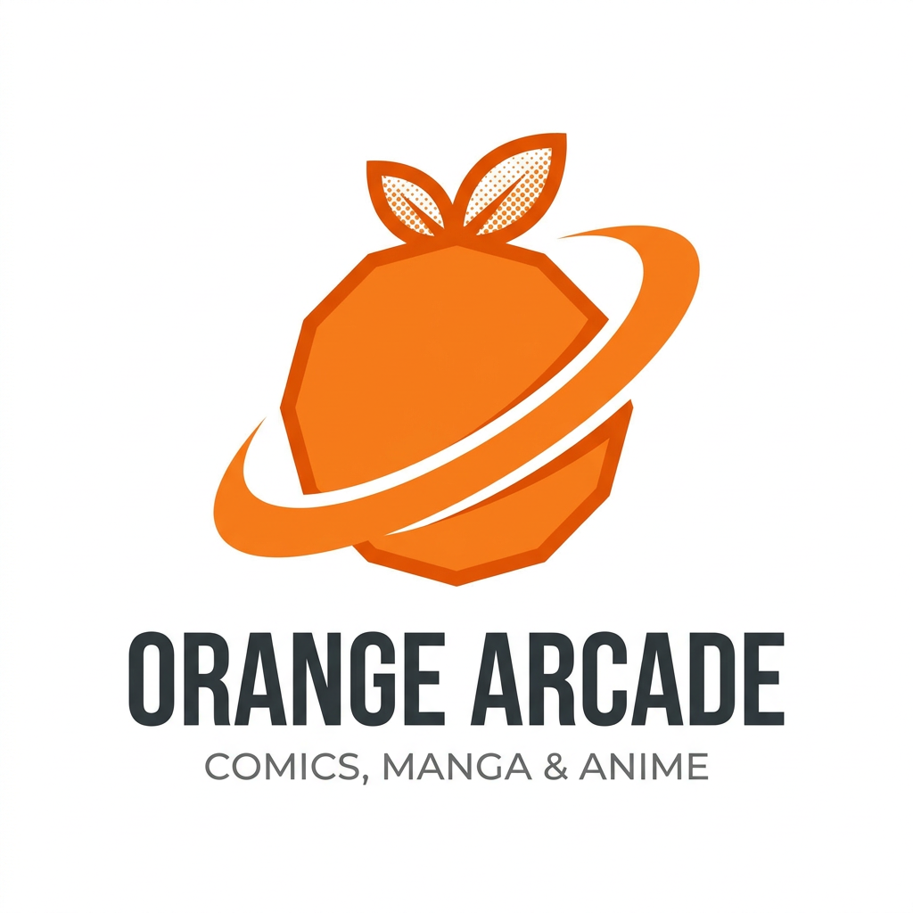 AI Design for A minimalist, high-end corporate logo design for an online store specializing in comics, manga, and anime merchandise. The icon features a stylized, clean-line orange graphic integrated with subtle comic book elements like halftone dot patterns or a bold, dynamic action-line silhouette. The design uses a vibrant, professional color palette suitable for a global brand, rendered on a clean white background with sharp vector aesthetics. Logo it is a orange fruit